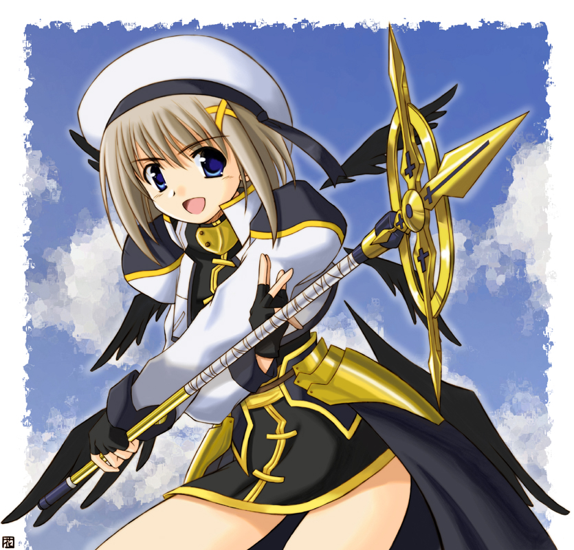 hana (hana mo arashi mo), schwertkreuz, yagami hayate, lyrical nanoha, mahou shoujo lyrical nanoha, mahou shoujo lyrical nanoha a's, 00s, 1girl, beret, black wings, blonde hair, blue eyes, female focus, fingerless gloves, gloves, hair ornament, hat, open mouth, short hair, skirt, smile, solo, staff, unison (nanoha), waist cape, wings, x hair ornament