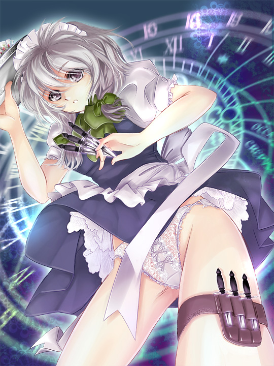 kubozuka, kubozuka pikurou, izayoi sakuya, touhou, silver hair, 1girl, braid, female focus, from below, knife, lace, lace panties, maid, panties, short hair, solo, throwing knife, twin braids, underwear, weapon