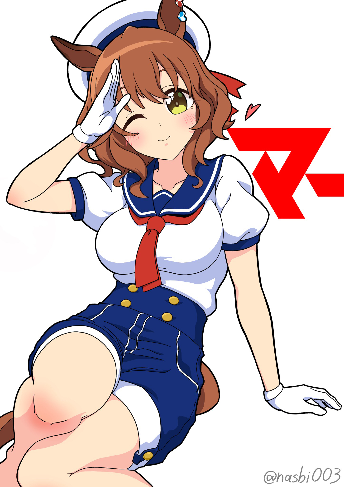 genzo nasu, aston machan (umamusume), umamusume, highres, 1girl, animal ears, blue sailor collar, blue shorts, blush, breasts, brown hair, closed mouth, ear ornament, gloves, green eyes, hair between eyes, hat, heart, horse ears, horse girl, horse tail, large breasts, looking at viewer, medium hair, neckerchief, one eye closed, red neckerchief, sailor collar, sailor hat, sailor shirt, shirt, short sleeves, shorts, simple background, smile, solo, tail, white gloves, white shirt