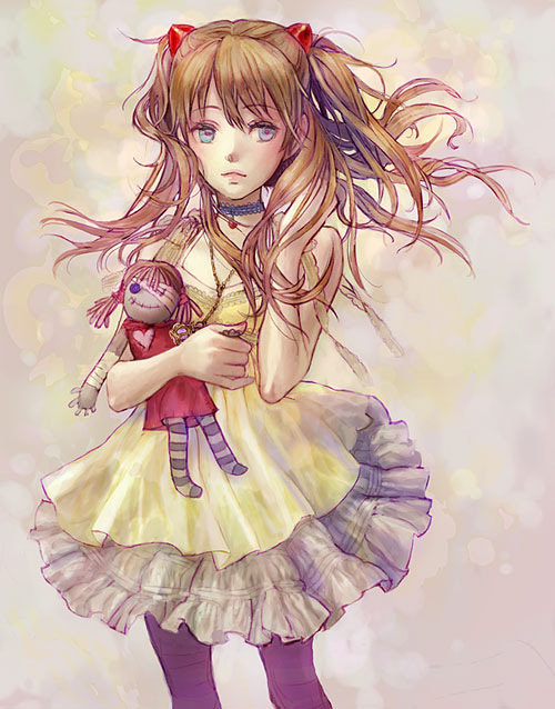 na2, souryuu asuka langley, neon genesis evangelion, 1girl, doll, dress, female focus, pantyhose, solo, twintails, two side up, yellow dress