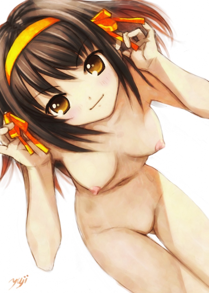 kobayashi yuji, suzumiya haruhi, suzumiya haruhi no yuuutsu, 00s, blush, bow, breasts, brown hair, from above, hair bow, hairband, nipples, nude, yellow eyes