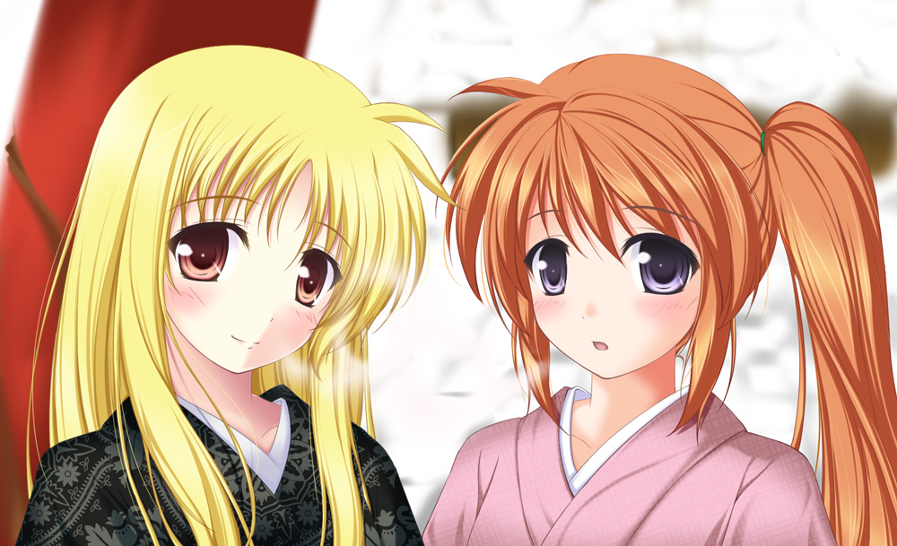 amicis, fate testarossa, takamachi nanoha, lyrical nanoha, mahou shoujo lyrical nanoha, mahou shoujo lyrical nanoha strikers, 00s, blonde hair, brown hair, japanese clothes, kimono, purple eyes, red eyes, side ponytail, yukata