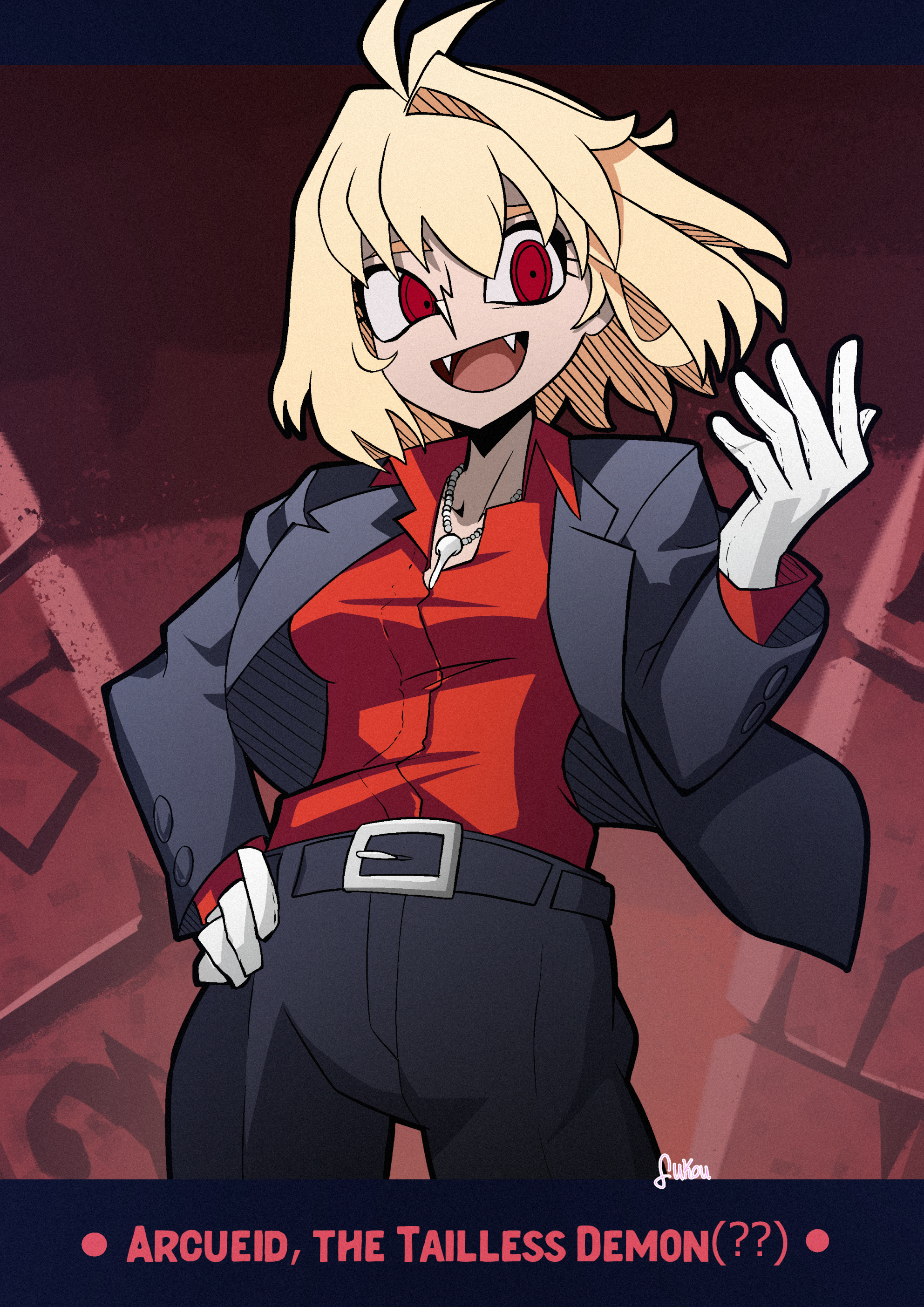 fukou, arcueid brunestud, helltaker, tsukihime, absurdres, highres, 1girl, :d, ahoge, belt, black jacket, black pants, blonde hair, breasts, collared shirt, english text, fangs, floating clothes, floating hair, gloves, hair intakes, hand on own hip, hand up, happy, jacket, jewelry, looking at viewer, necklace, open clothes, open jacket, open mouth, pants, red eyes, red shirt, shirt, short hair, smile, vampire, vanripper (style), wavy hair, white gloves