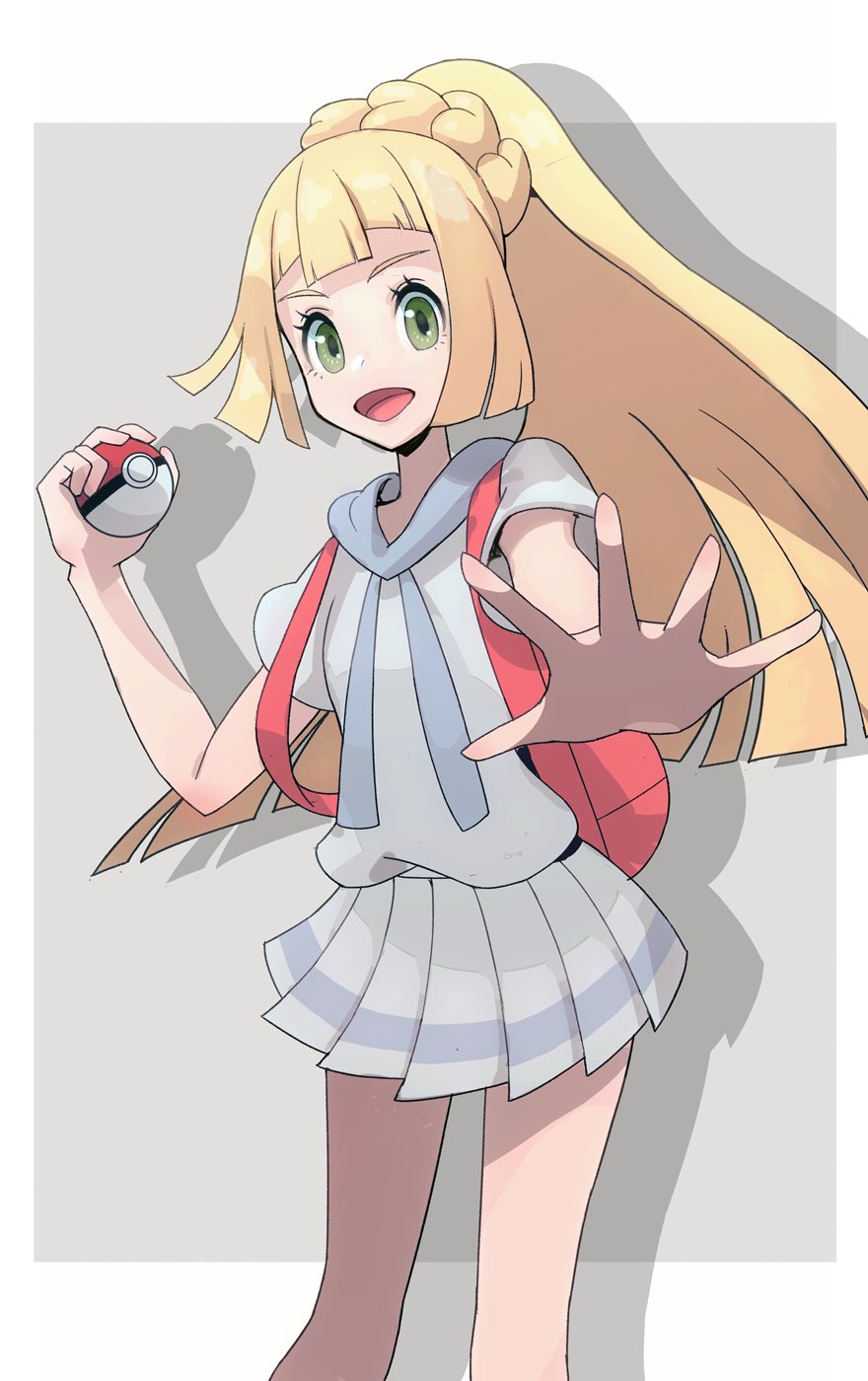 lillie (pokemon), nintendo, pokemon, pokemon sm, highres, 1girl, backpack, bag, blonde hair, blunt bangs, braid, breasts, green eyes, holding, holding poke ball, long hair, looking at viewer, open mouth, outstretched arm, poke ball, poke ball (basic), ponytail, ponytail with braided base, shirt, short sleeves, simple background, skirt, smile, solo, topple33, white shirt, white skirt