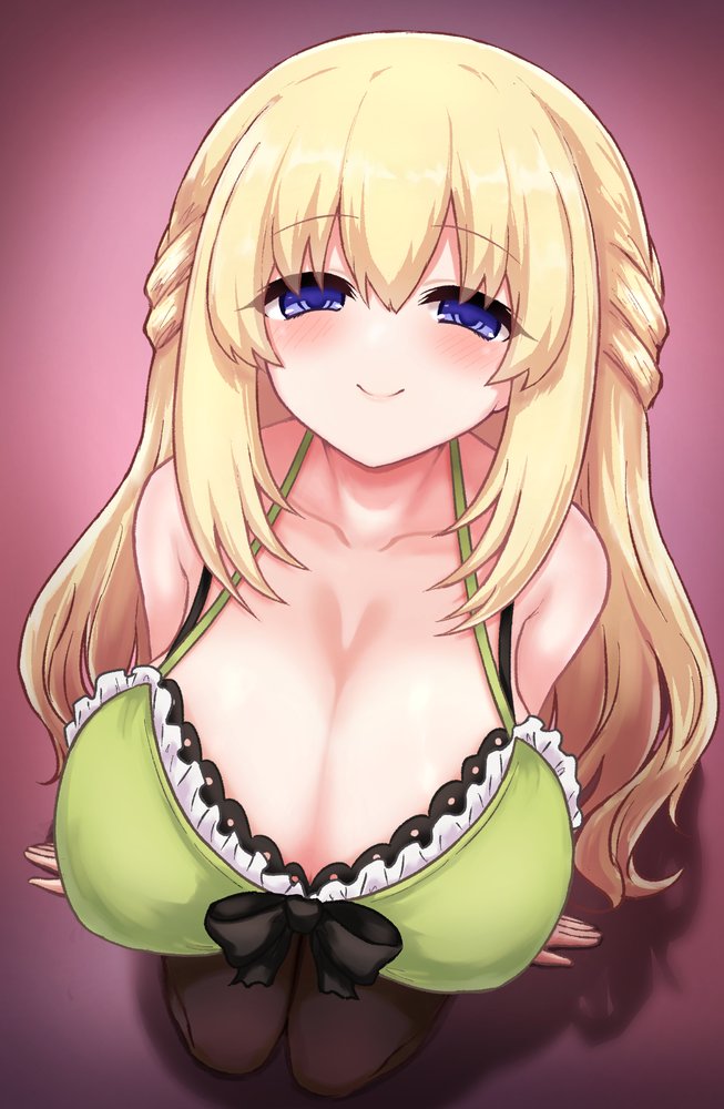 shimontaru, vert (neptunia), neptune (series), 1girl, blonde hair, blue eyes, bow, breasts, cleavage, green pajamas, kneeling, large breasts, long hair, looking at viewer, pajamas, pantyhose, red background, smile