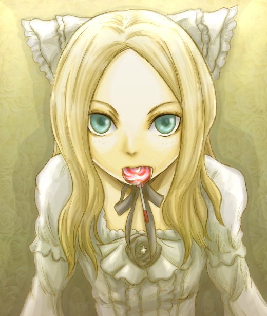 kuro777, kurogane (scrapsteel), original, blonde hair, blue eyes, candy, dress, food, gothic lolita, lolita fashion, lollipop, long hair, ribbon, solo