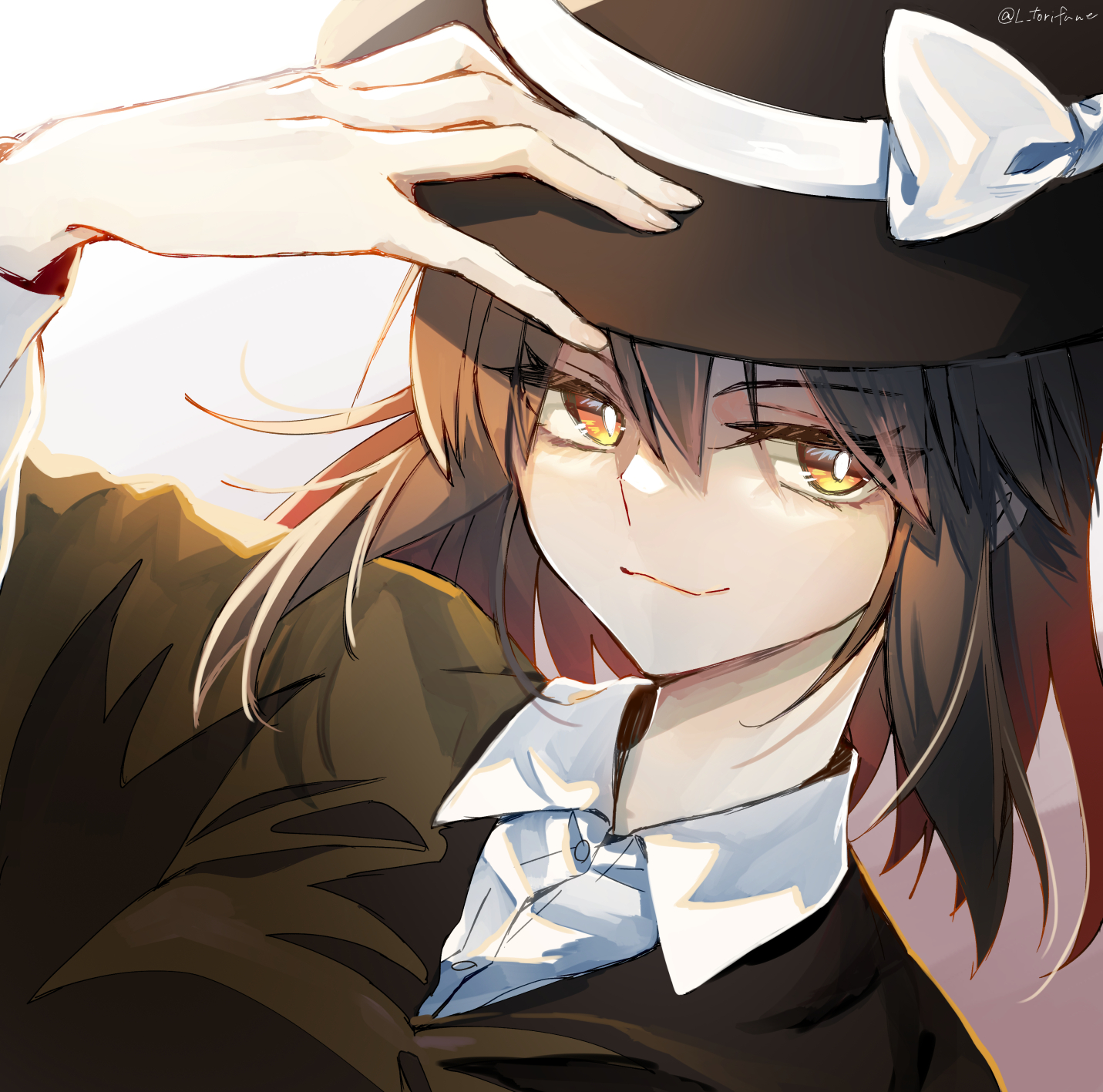 kinese (katasutorohu), usami renko, touhou, commentary request, highres, 1girl, black hat, black sweater vest, bow, bright pupils, brown hair, close-up, collared shirt, dress shirt, eyes visible through hair, hand on headwear, hat, hat bow, hat ribbon, looking at viewer, medium hair, ribbon, shirt, smirk, solo, sweater vest, twitter username, upper body, white bow, white pupils, white shirt, yellow eyes