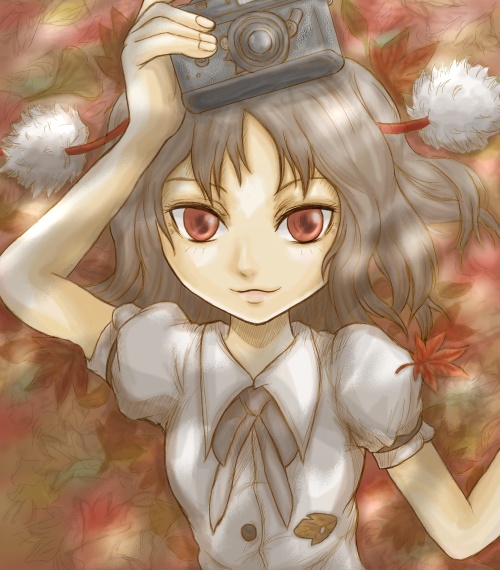 kuro777, kurogane (scrapsteel), shameimaru aya, touhou, bad id, bad pixiv id, 1girl, :3, autumn, black hair, camera, female focus, hat, leaf, lying, outdoors, plant, red eyes, short hair, solo, upper body