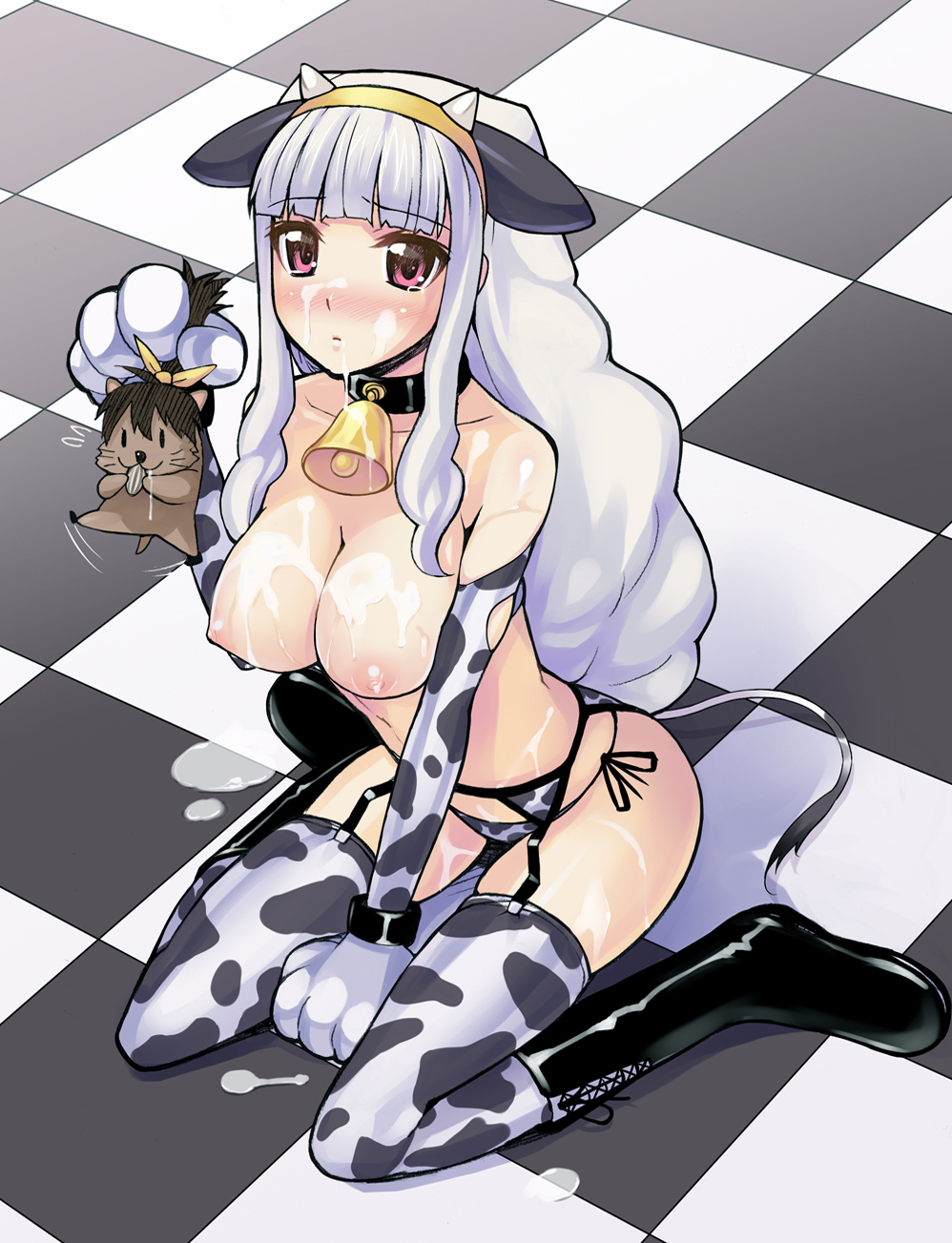 hidebou, ganaha hibiki, shijou takane, idolmaster, idolmaster (classic), idolmaster 1, silver hair, bad id, bad pixiv id, highres, 00s, 1girl, animal ears, animal print, bell, blush, boots, breasts, collar, cow ears, cow girl, cow print, cow tail, cum, cum on body, cum on breasts, cum on upper body, elbow gloves, facial, female focus, garter belt, gloves, horns, large breasts, long hair, neck bell, panties, print thighhighs, side-tie panties, sitting, solo, tail, thighhighs, underwear