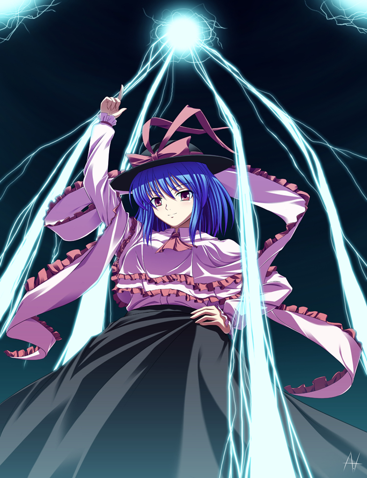 athrun1, athrun1120, nagae iku, saturday night fever, touhou, bad id, bad pixiv id, 1girl, black background, blue hair, female focus, gradient background, hand on own hip, hat, hat ribbon, lightning, purple eyes, ribbon, solo, standing, witch hat