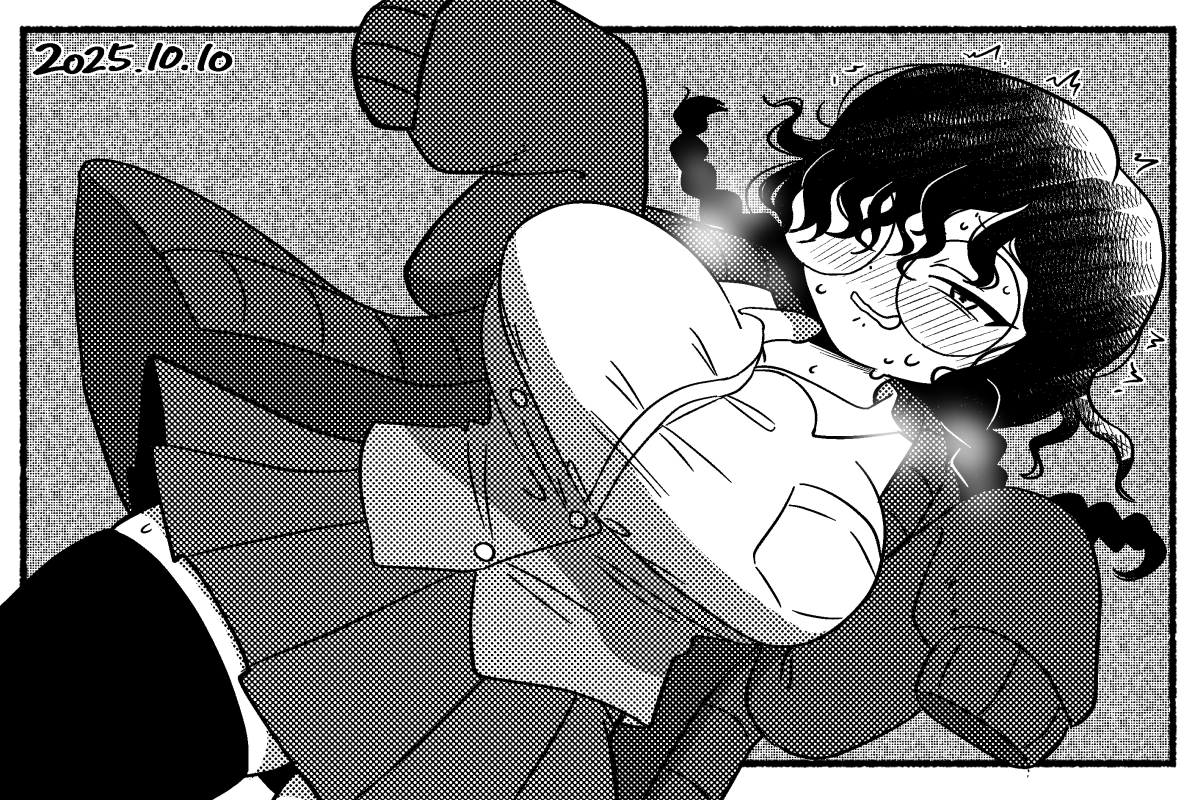 nyaromeron, puniru wa kawaii slime, 1girl, braid, breasts, breath, cardigan, collared shirt, dated, dutch angle, greyscale, hair over one eye, huge breasts, jimiko, messy hair, moire, mojyo, monochrome, otaku girl (puniru wa kawaii slime), pleated skirt, round eyewear, school uniform, shirt, skirt, sleeves past fingers, sleeves past wrists, sweat, thighhighs, twin braids