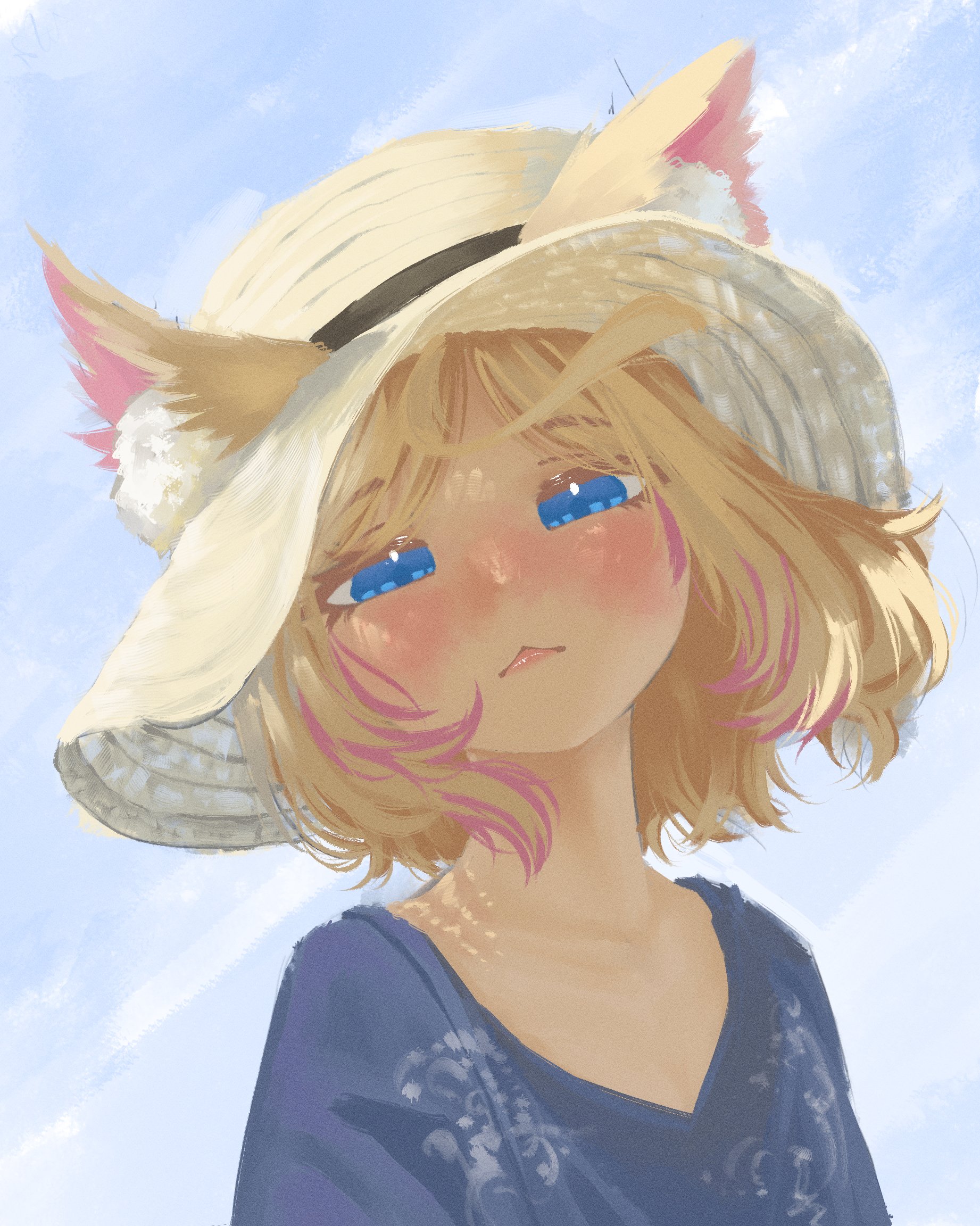 neilwa dayo, mococo abyssgard, hololive, hololive english, highres, 1girl, alternate costume, animal ear fluff, animal ears, blonde hair, blue eyes, blue shirt, blue sky, closed mouth, day, dog ears, dog girl, ears through headwear, hat, looking at viewer, medium hair, outdoors, pink streaks, shirt, sky, solo, sun hat, virtual youtuber