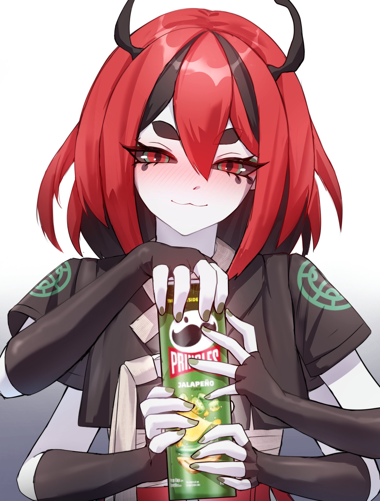cgator, ladybug girl, indie virtual youtuber, pringles, commentary, english commentary, highres, 1girl, :3, antennae, arthropod girl, beri (beribug), black hair, black sclera, black shirt, blush, closed mouth, colored sclera, colored skin, elbow gloves, english text, extra arms, fingerless gloves, gloves, green eyes, green nails, hair between eyes, korean clothes, looking at viewer, medium hair, monster girl, multicolored eyes, multicolored hair, nail polish, narrowed eyes, pringles can, red eyes, red hair, red skirt, shirt, short sleeves, simple background, skirt, smile, smug, solo, streaked hair, thick eyebrows, two-tone eyes, two-tone hair, upper body, virtual youtuber, white background, white skin