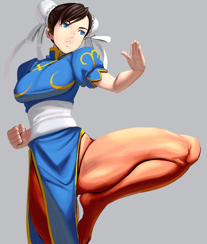kouno (masao), chun-li, capcom, street fighter, third-party edit, 1girl, barefoot, blue eyes, breasts, brown hair, bun cover, china dress, chinese clothes, double bun, dress, feet, female focus, hair bun, large breasts, leg lift, pantyhose, pelvic curtain, sash, short hair, solo, thick thighs, thighs