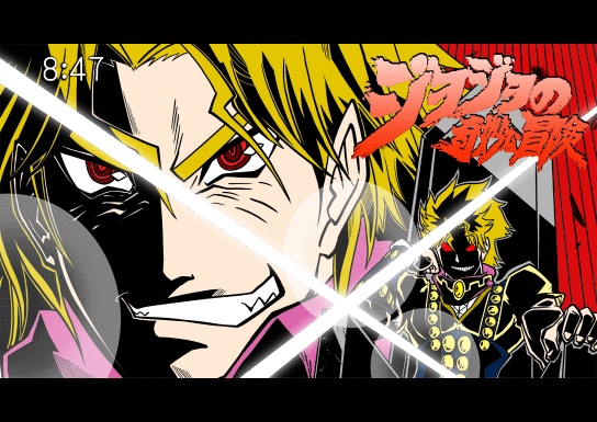 oniyama, dio brando, asame shinbun, jojo no kimyou na bouken, tengen toppa gurren lagann, 1boy, eyecatch, lens flare, letterboxed, male focus, parody, solo, style parody