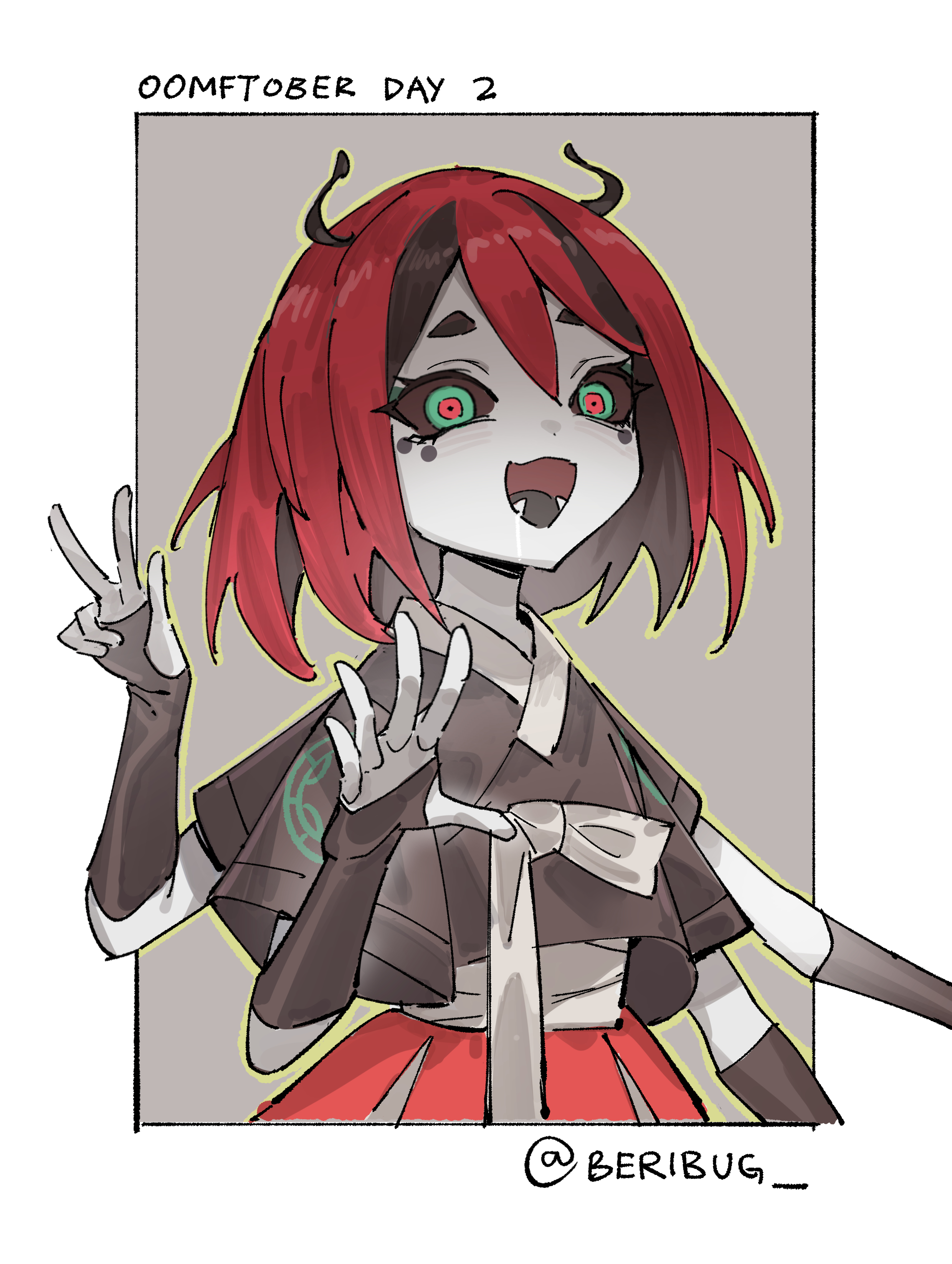 maplesights, indie virtual youtuber, absurdres, commentary, english commentary, highres, 1girl, beri (beribug), black gloves, black hair, black sclera, black shirt, black tongue, colored sclera, colored skin, drooling, elbow gloves, english text, fangs, fingerless gloves, gloves, green eyes, grey skin, hair between eyes, looking at viewer, medium hair, midriff sarashi, multicolored eyes, multicolored hair, open mouth, red eyes, red hair, red skirt, saliva, sarashi, shirt, skirt, smile, solo, streaked hair, thick eyebrows, twitter username, two-tone eyes, two-tone hair, upper body, virtual youtuber, wide-eyed