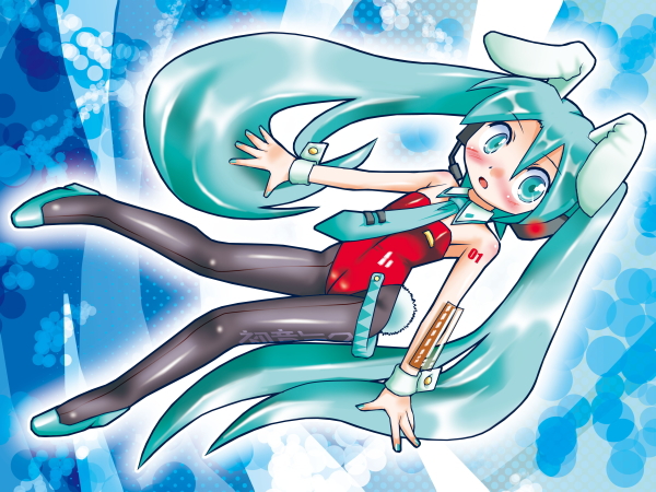 sukiyo, hatsune miku, vocaloid, animal ears, child, fake animal ears, green eyes, green hair, headphones, long hair, microphone, necktie, pantyhose, playboy bunny, rabbit ears, solo, twintails, very long hair