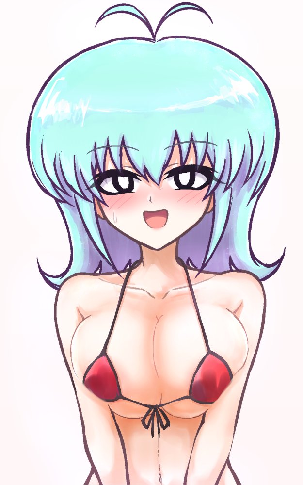 shimontaru, original, 1girl, antenna hair, bikini, blue hair, blush, breasts, cleavage, large breasts, looking at viewer, micro bikini, smile, swimsuit, white background