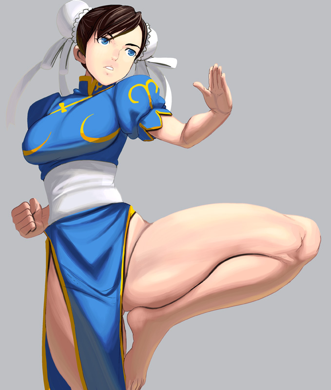 kouno (masao), chun-li, capcom, street fighter, bad id, bad perspective, bad pixiv id, 1girl, barefoot, blue eyes, brown hair, bun cover, china dress, chinese clothes, double bun, dress, feet, female focus, hair bun, leg lift, legs, no legwear, pelvic curtain, short hair, solo, thick thighs, thighs