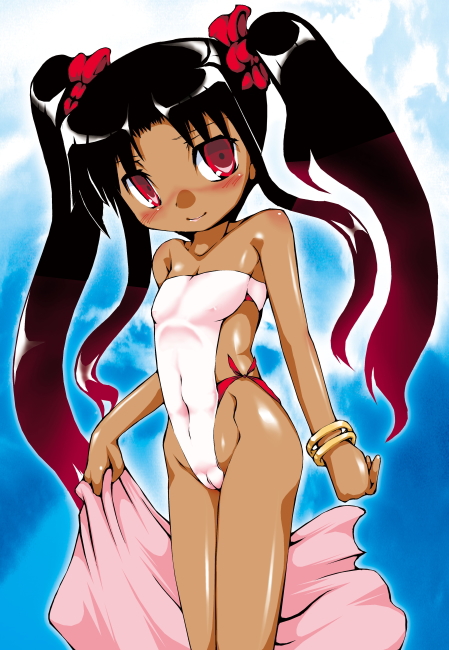 sukiyo, cocone fatima rosa, kodansha, mahou sensei negima!, 00s, 1girl, black hair, bracelet, cameltoe, casual one-piece swimsuit, female focus, flat chest, highleg, highleg one-piece swimsuit, jewelry, long hair, one-piece swimsuit, red eyes, solo, swimsuit, twintails