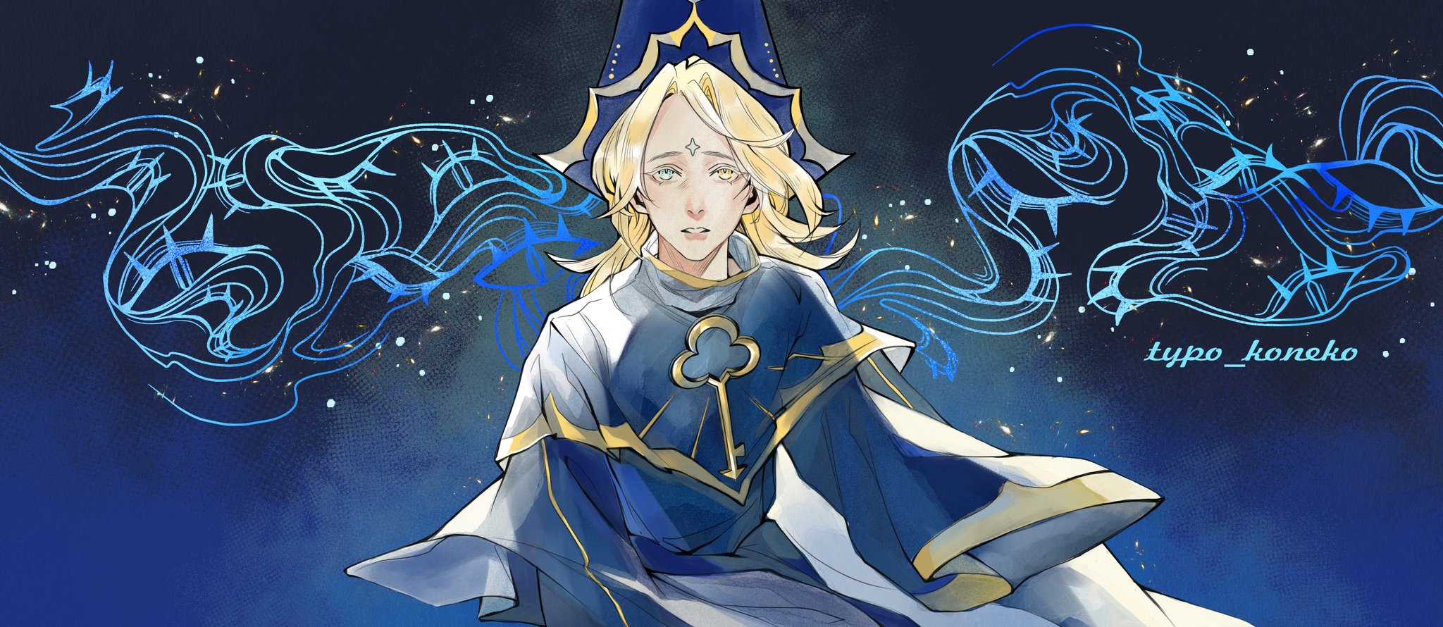 typo koneko, pure vanilla cookie, cookie run, cookie run: kingdom, highres, 1boy, blonde hair, blue theme, capelet, cowboy shot, eye print, forehead jewel, hat, light particles, looking at viewer, male focus, parted lips, robe, sidelocks, solo, wide sleeves, yellow eyes