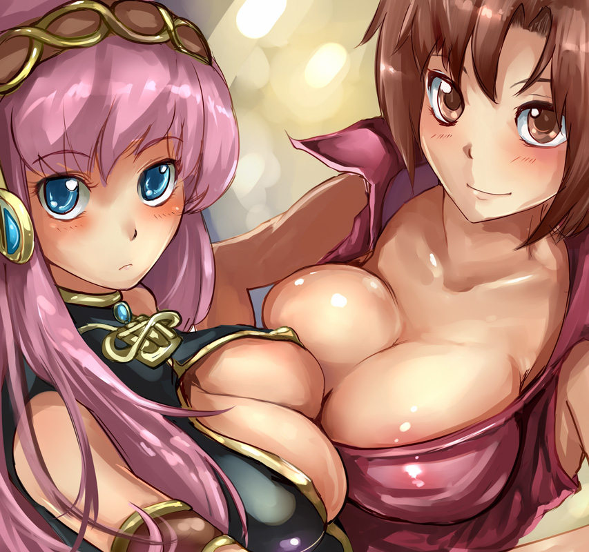 suoni (deeperocean), megurine luka, meiko (vocaloid), vocaloid, 2girls, areola slip, asymmetrical docking, blouse, blue eyes, breast press, breasts, brown eyes, brown hair, cleavage, hair intakes, large breasts, long hair, multiple girls, pink hair, shirt, short hair, skindentation, sleeveless, sleeveless shirt, symmetrical docking