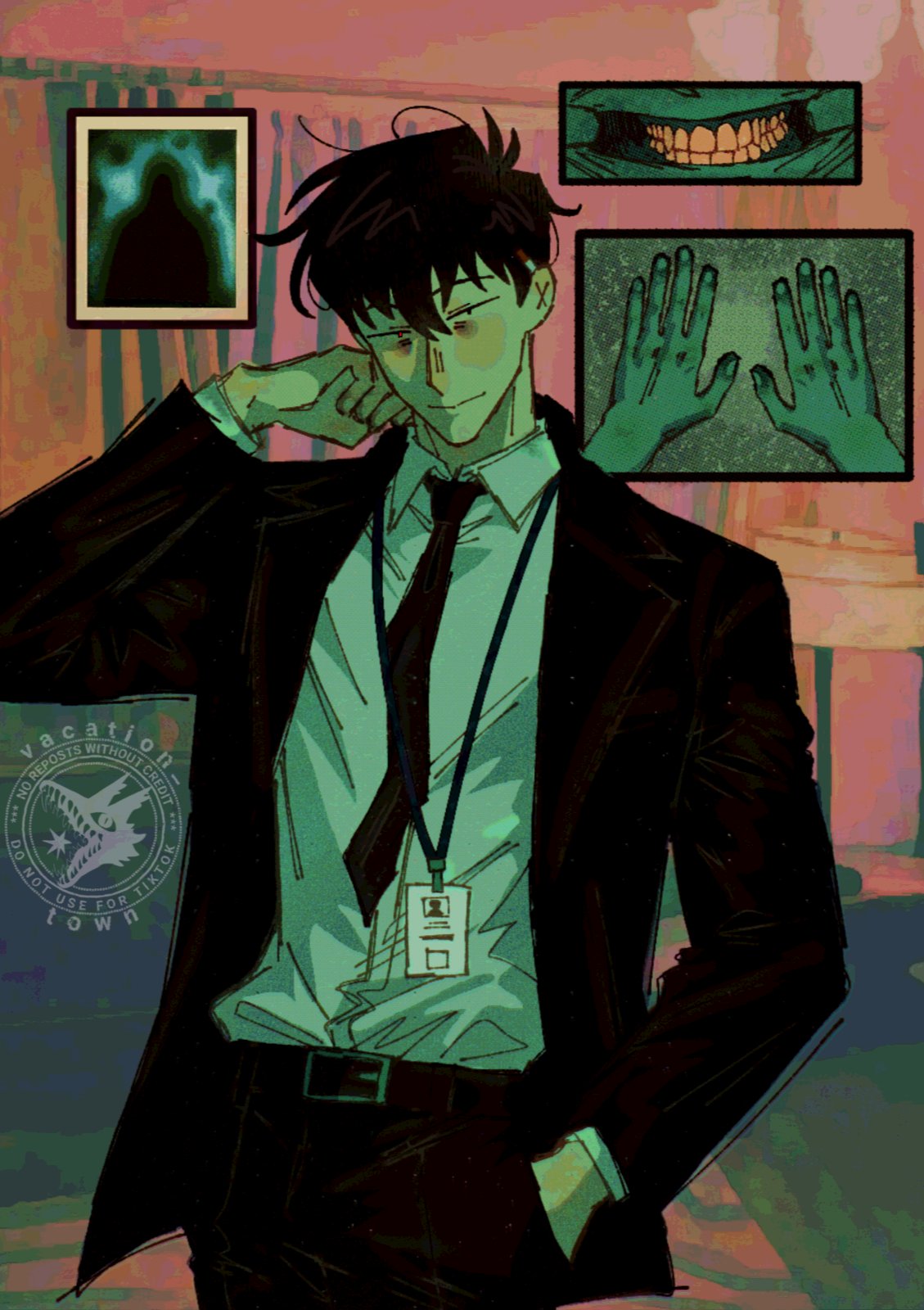 kim dokja, no i'm not a human, omniscient reader's viewpoint, highres, 1boy, black coat, black eyes, black hair, black necktie, blush, coat, collared shirt, color contrast, contrapposto, couch, crossover, curtains, hand in pocket, hand on own cheek, hand on own face, head tilt, id card, indoors, lamp, looking at viewer, multiple views, necktie, photo (object), shirt, shirt tucked in, short hair, teeth, vacation town, white shirt, zooming in