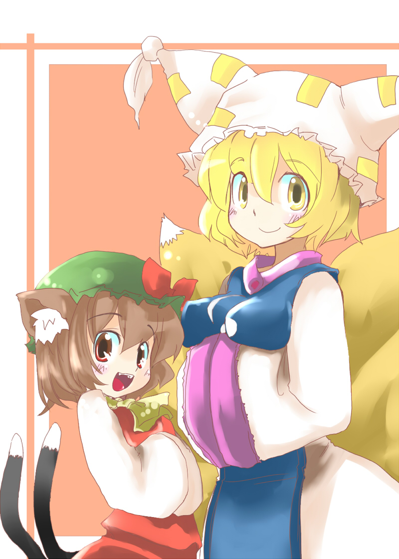 takara akihito, chen, yakumo ran, touhou, 2girls, animal ears, blonde hair, breasts, brown hair, cat ears, cat girl, cat tail, dress, fangs, female focus, fox, fox tail, hands in opposite sleeves, hat, multiple girls, multiple tails, red eyes, short hair, smile, tail, yellow eyes