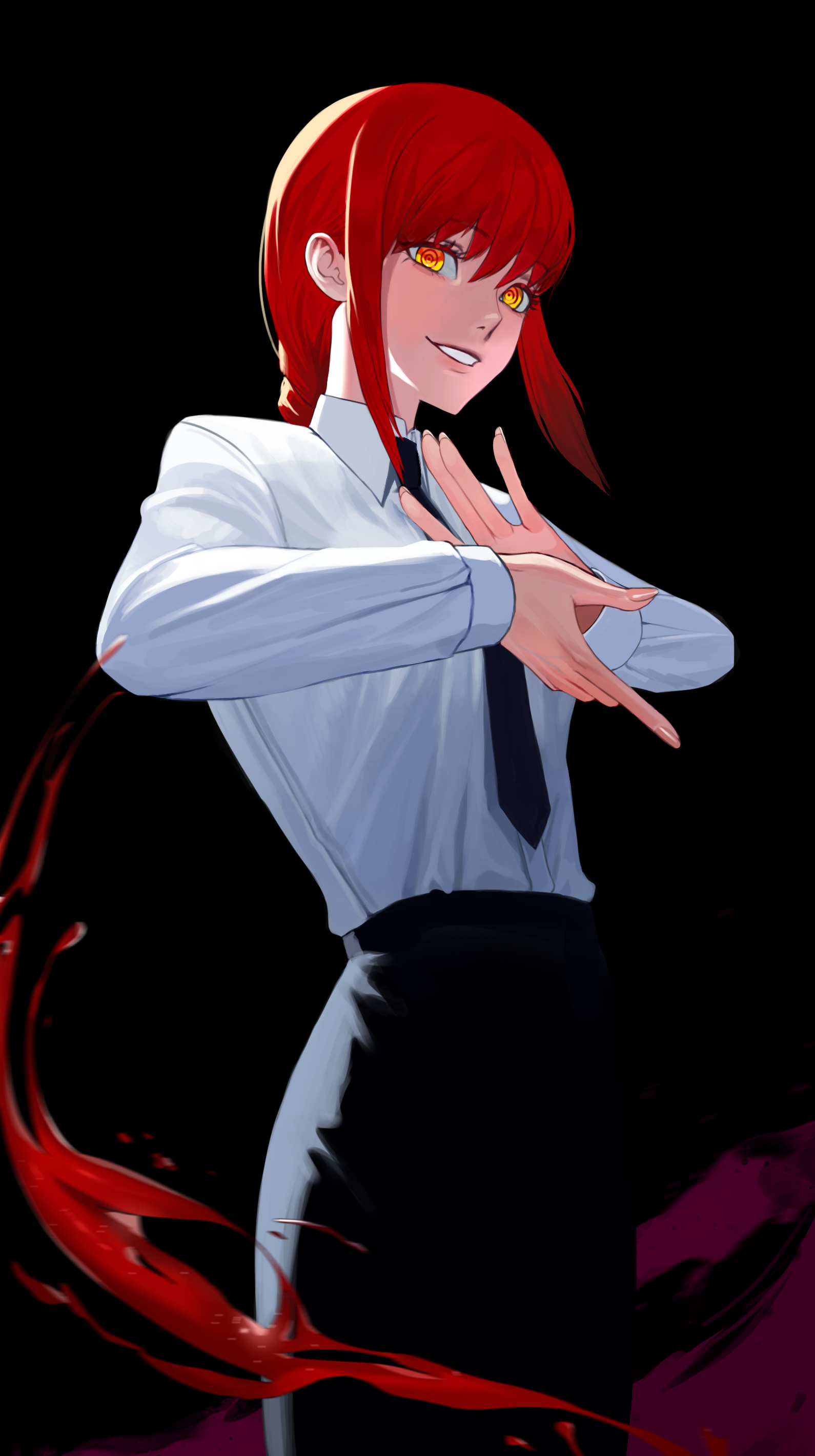 makima (chainsaw man), chainsaw man, absurdres, highres, 1girl, black background, black necktie, black pants, blood, long hair, long sleeves, necktie, p13ta, pants, red hair, ringed eyes, shirt, shirt tucked in, sidelocks, simple background, solo, teeth, white shirt, yellow eyes