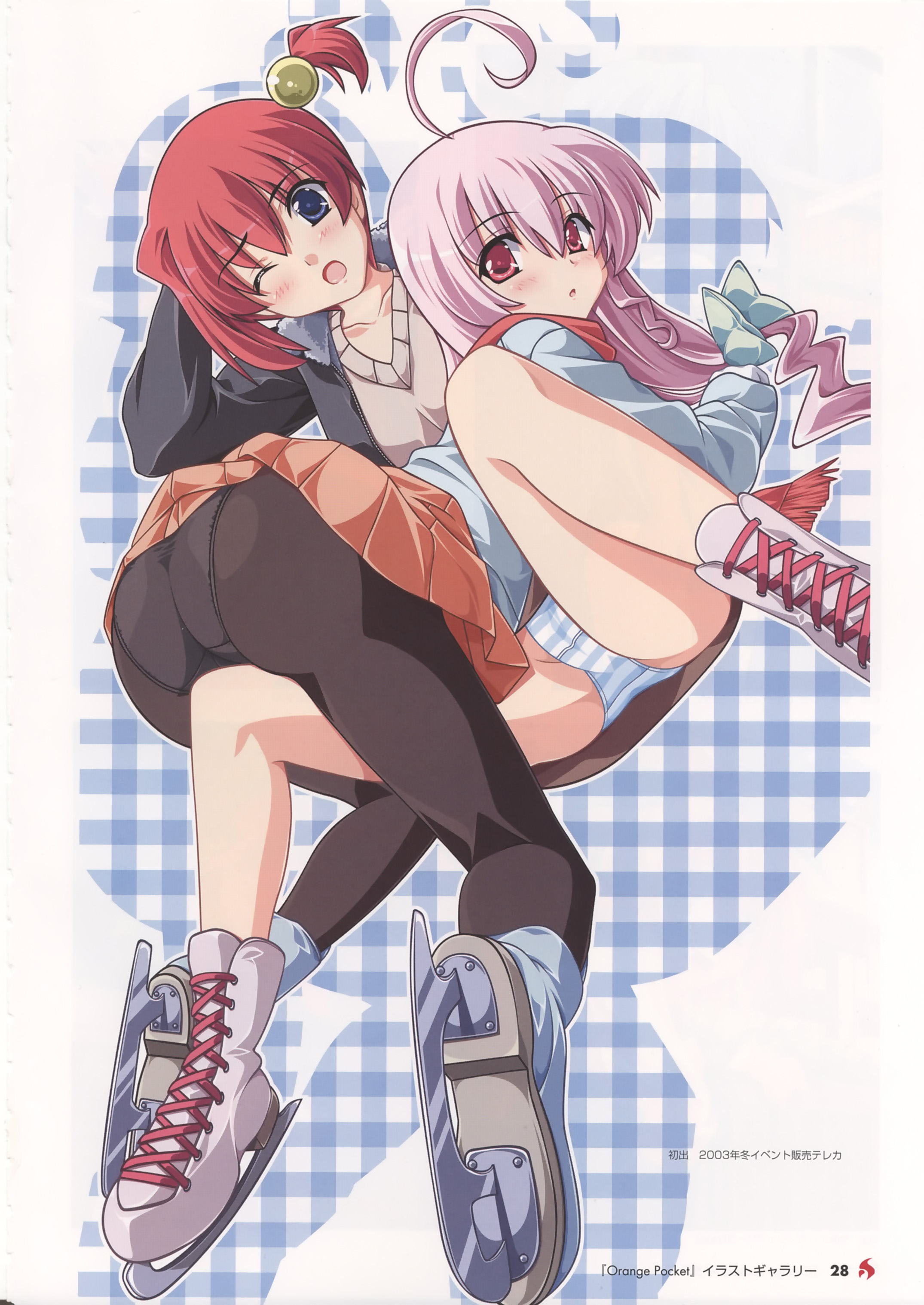 matsushita makako, rakko (makarakko), original, absurdres, highres, scan, 2girls, ahoge, ass, blue eyes, blush, ice skates, legs, long hair, multiple girls, one eye closed, panties, panties under pantyhose, pantyhose, pantyshot, pink hair, red eyes, red hair, skates, striped clothes, striped panties, underwear, upskirt, wink