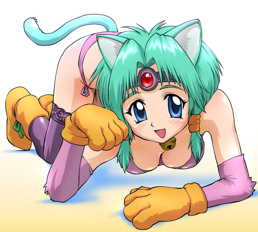 ueyama michirou, paffy pafuricia, haou taikei ryuu knight, 1990s (style), 1girl, all fours, animal ears, animal hands, aqua hair, bell, blue eyes, blush, boots, breasts, cat ears, cat tail, circlet, cleavage, elbow gloves, female focus, gloves, panties, paw pose, retro artstyle, smile, solo, tail, thighhighs, underwear