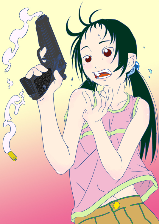 nanakamado anno, bad id, bad pixiv id, 1girl, black hair, brown eyes, child, female focus, gun, shell casing, smoke, smoking barrel, solo, surprised, sweat, twintails, weapon