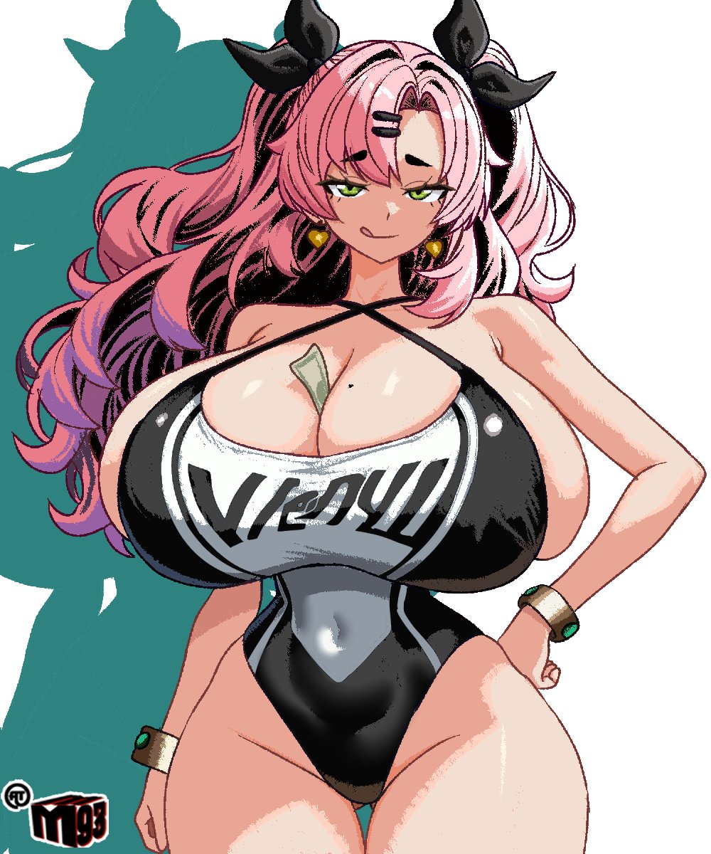 mewmaster93, nicole demara, zenless zone zero, highres, 1girl, between breasts, bracelet, breasts, cleavage, covered navel, curvy, earrings, female focus, gigantic breasts, gluteal fold, green eyes, hand on own hip, jewelry, licking lips, long hair, looking at viewer, mole, mole on breast, one-piece swimsuit, pink hair, skindentation, solo, swimsuit, thick thighs, thigh gap, thighs, tongue, tongue out, wide hips