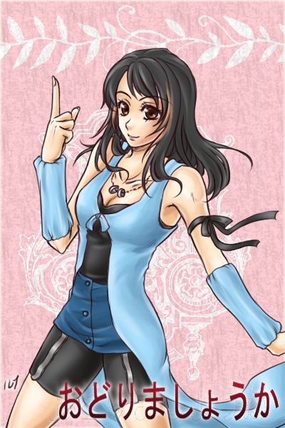 sinon121821, rinoa heartilly, final fantasy, final fantasy viii, 1990s (style), 1girl, arm warmers, bike shorts, black hair, boots, brown eyes, female focus, jewelry, long hair, necklace, skirt, solo, zipper