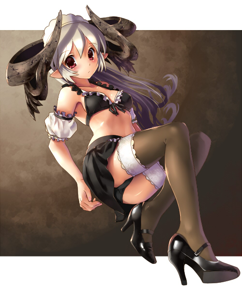 katahira masashi, original, silver hair, 1girl, female focus, full body, high heels, horns, panties, pantyshot, pointy ears, red eyes, shoes, solo, thighhighs, underwear