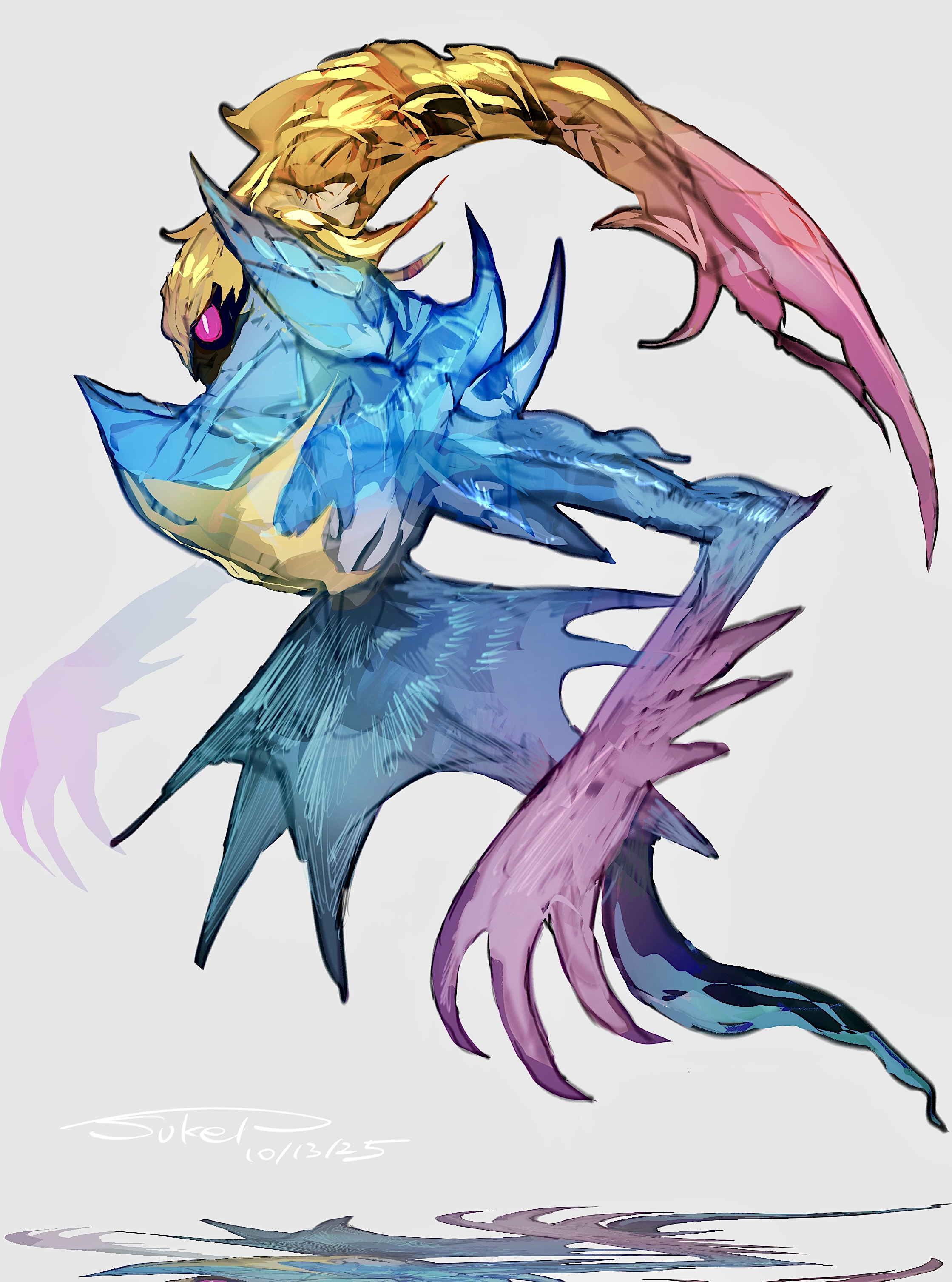 sukepmonster, darkrai, nintendo, pokemon, absurdres, highres, colored skin, dated, floating, gen 4 pokemon, grey background, legendary pokemon, multicolored skin, mythical pokemon, no humans, pink eyes, pokemon (creature), reflection, signature, solo