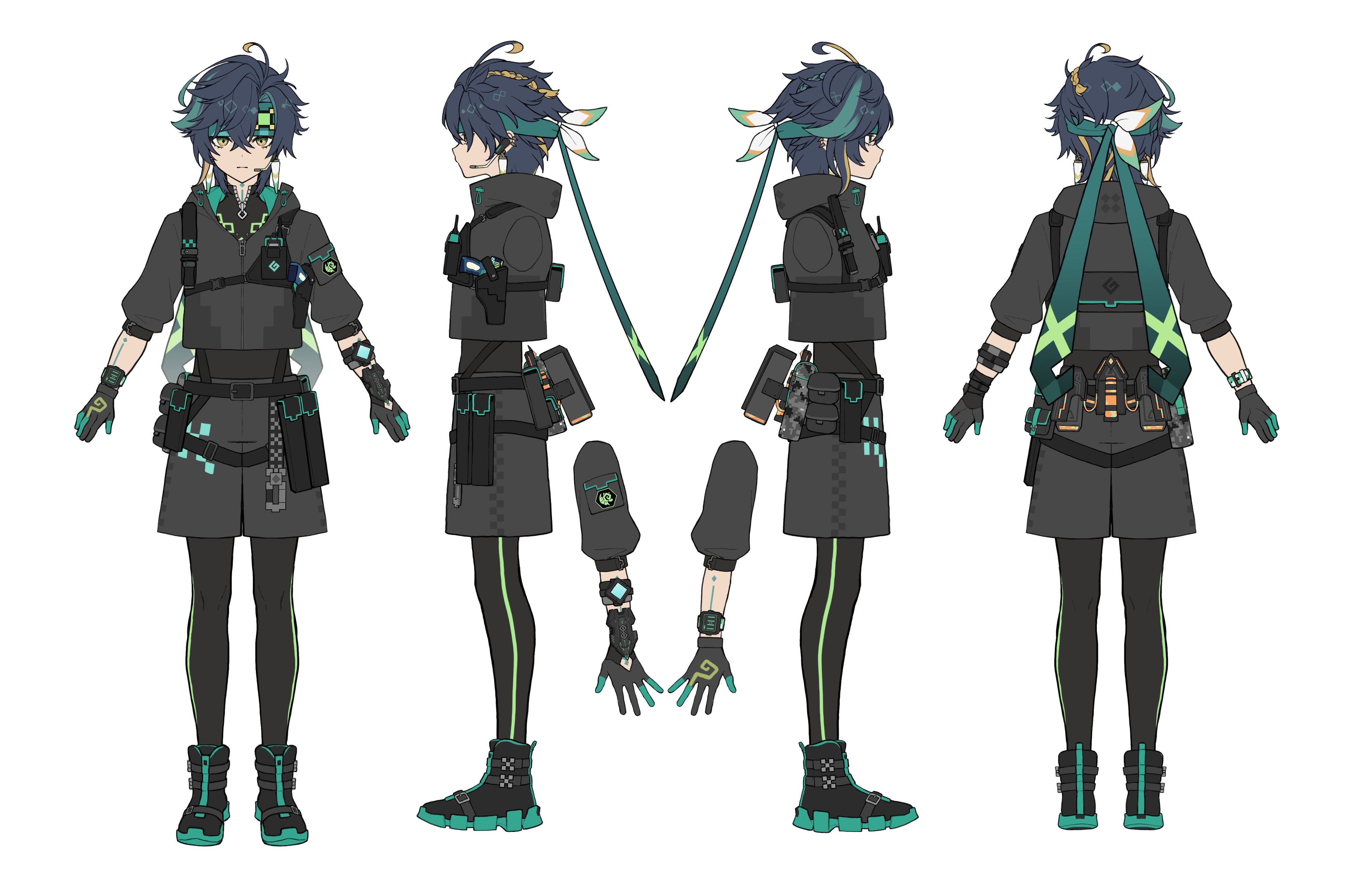 seallllion, kinich (genshin impact), genshin impact, absurdres, highres, weapon request, 1boy, a-pose, ahoge, alternate costume, ammunition pouch, aqua headband, arm tattoo, belt pouch, black boots, black gloves, black hair, black leggings, boots, braid, buckle, closed mouth, cropped arms, cropped jacket, crossed bangs, earpiece, earrings, expressionless, from behind, full body, geo symbol (genshin impact), gloves, grappling hook, green eyes, green headband, grey jacket, grey shorts, gun, handgun, headband, holding, holding gun, holding weapon, holster, hood, hooded jacket, hook, hoyofair, jacket, jewelry, knife sheath, leggings, load bearing equipment, magazine (weapon), male focus, multiple views, neck tattoo, pda, pouch, reference sheet, sheath, short hair, short sleeves, shorts, side braid, simple background, snap-fit buckle, spiked ear piercing, standing, straight-on, tactical clothes, tattoo, turnaround, walkie-talkie, watch, weapon, white background, wristwatch, zipper, zipper pull tab