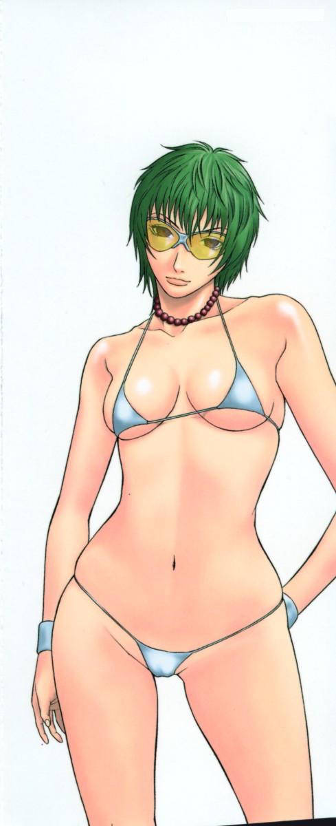 sunagawa tara, highres, non-web source, 1girl, bikini, bracelet, breasts, cameltoe, female focus, green hair, hand on own hip, hip focus, jewelry, lips, medium breasts, necklace, short hair, solo, sunglasses, swimsuit