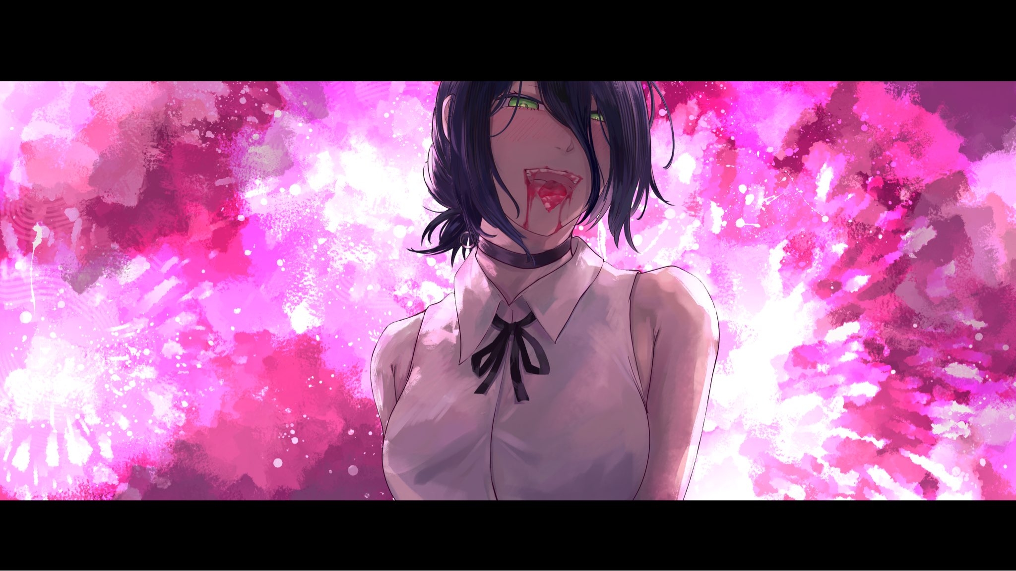 sunnysalt 08, reze (chainsaw man), chainsaw man, highres, 1girl, armpit crease, black choker, black hair, black ribbon, blood, blood from mouth, choker, collared shirt, fireworks, green eyes, hair between eyes, hair bun, looking at viewer, neck ribbon, outdoors, ribbon, shirt, sleeveless, sleeveless shirt, solo, tongue, tongue out, white shirt