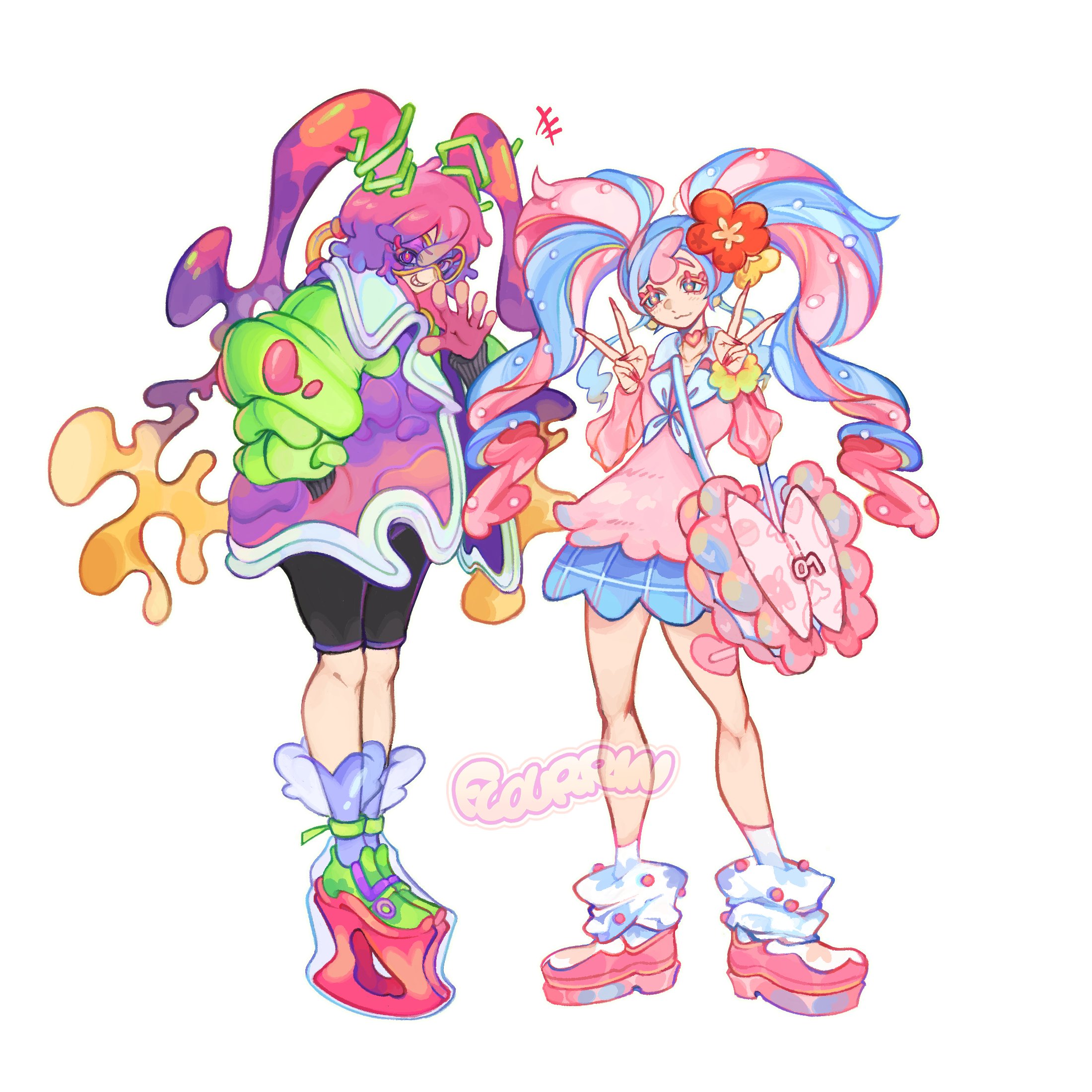 flourrin, fairy miku (project voltage), hatsune miku, poison miku (project voltage), nintendo, pokemon, project voltage, vocaloid, highres, 2girls, ?, black jumpsuit, blonde hair, blue eyes, blue hair, blue skirt, bow-shaped bag, choker, coat, collared sweater, flower, full body, gloves, gradient coat, green sleeves, grin, hair flower, hair ornament, heart, heart choker, jumpsuit, long hair, long sleeves, looking at viewer, loose socks, multicolored coat, multicolored hair, multiple girls, neckerchief, pink bag, pink choker, pink gloves, pink hair, pink nails, pink shoes, pink sweater, platform shoes, purple-tinted eyewear, purple coat, purple eyes, purple hair, red flower, scrunchie, see-through clothes, see-through footwear, shoes, short jumpsuit, simple background, skirt, smile, socks, standing, sweater, tinted eyewear, twintails, two-tone hair, white background, white neckerchief, wrist scrunchie, yellow flower