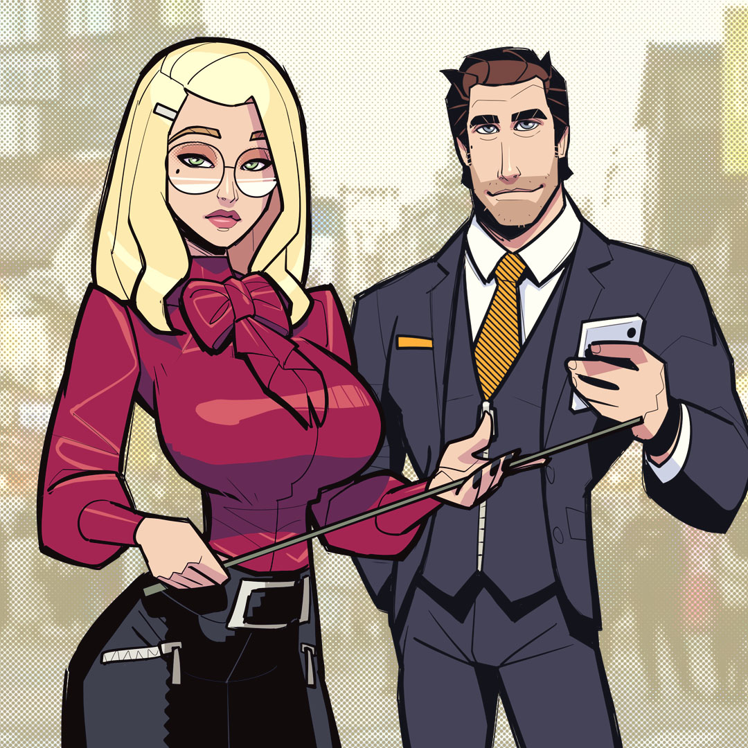 david goujard, 1boy, 1girl, black skirt, blonde hair, breasts, brown hair, cane, cellphone, collared shirt, glasses, green eyes, grey jacket, grey pants, grey vest, holding, holding cane, holding phone, horror in hongdae, jacket, large breasts, long hair, looking at viewer, miss reid, mole, mole under eye, necktie, pants, phone, red shirt, round eyewear, shirt, short hair, skirt, smartphone, vest, white shirt, yellow necktie