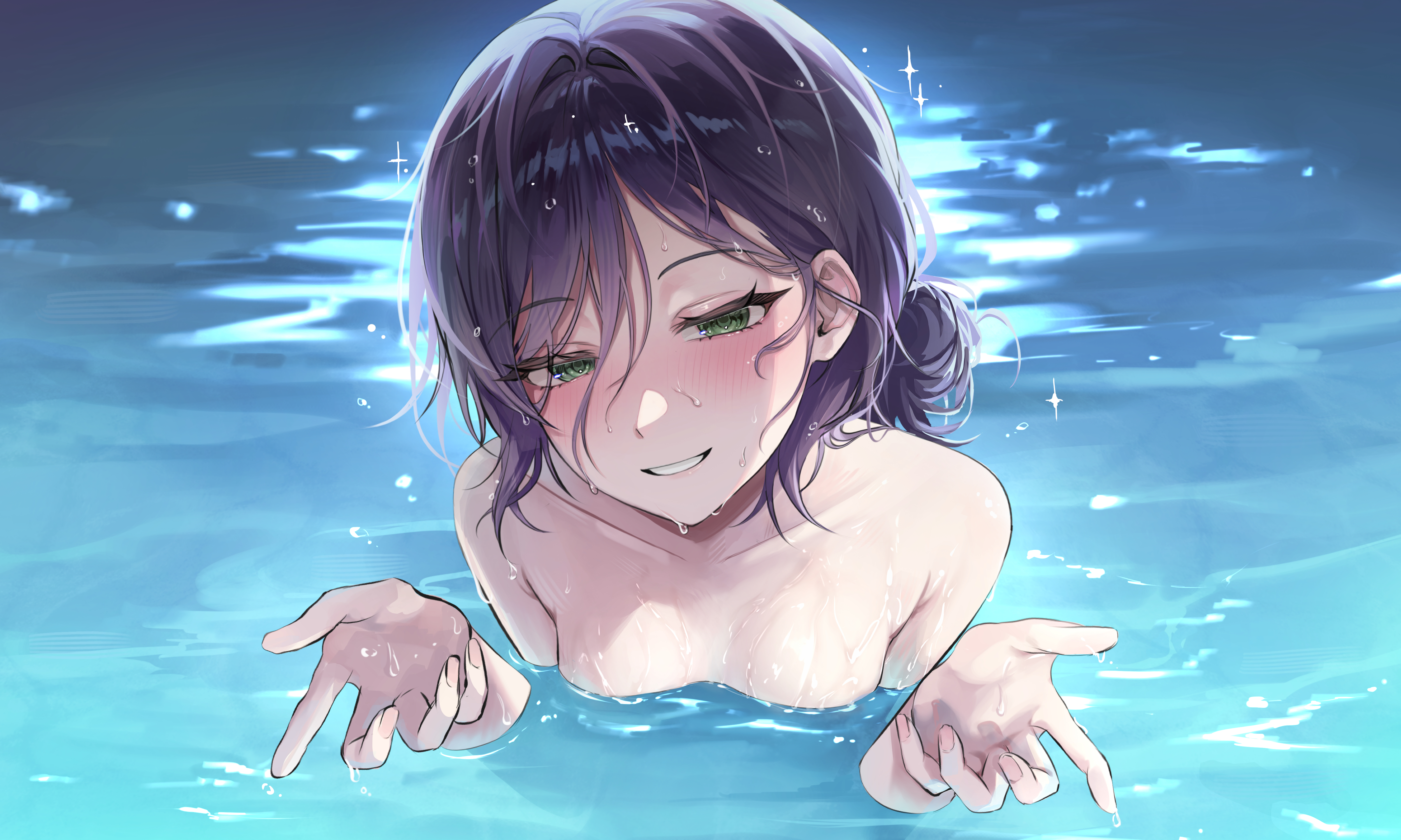 reze (chainsaw man), chainsaw man, absurdres, highres, 1girl, blush, breasts, green eyes, grin, hachu u1, hair bun, looking at viewer, partially submerged, purple hair, small breasts, smile, solo, wet, wet hair