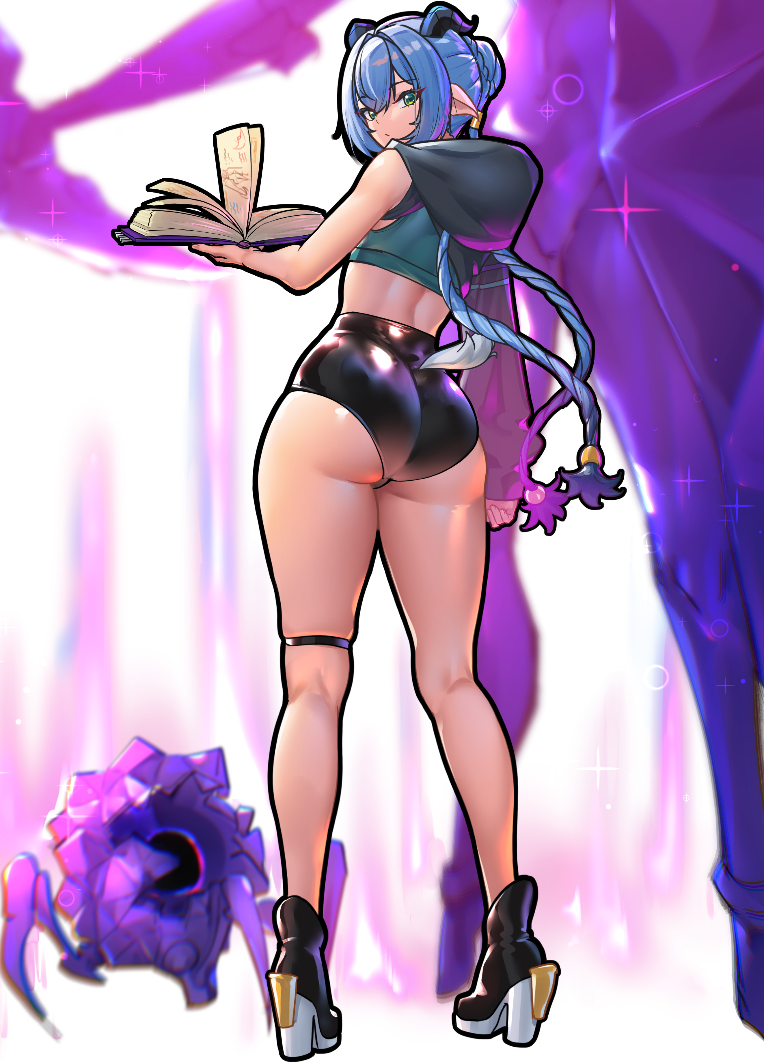 nicchi, lucia (zenless zone zero), zenless zone zero, absurdres, commentary request, highres, 1girl, ass, ass focus, black shoes, blue hair, book, bra, braid, braided ponytail, breasts, goat, goat horns, green bra, green eyes, hair between eyes, hair ornament, high-waist shorts, holding, holding book, horns, looking at viewer, looking back, pointy ears, shoes, shorts, single bare arm, single bare shoulder, solo, sparkle, standing, thigh strap, thighs, underwear, white background
