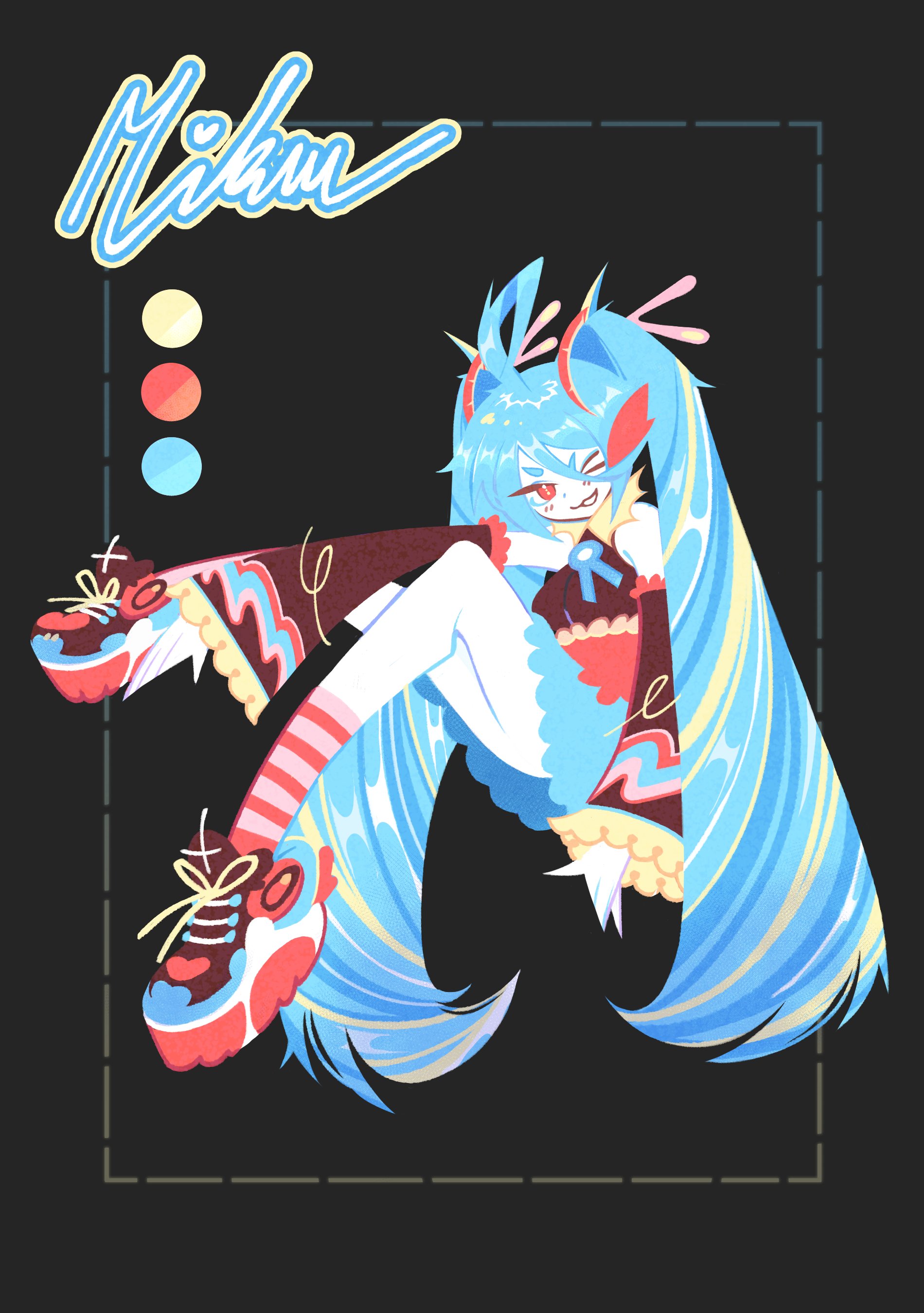 flourrin, hatsune miku, vocaloid, absurdres, commentary, english commentary, highres, > o, 1girl, ahoge, alternate costume, bare shoulders, black background, blonde hair, blue hair, blue skirt, brown shirt, character name, color guide, detached sleeves, frilled sleeves, frills, full body, limited palette, looking at viewer, multicolored hair, one eye closed, pink socks, red eyes, shirt, shoes, simple background, sitting, skirt, sneakers, socks, solo, striped clothes, striped socks, twintails
