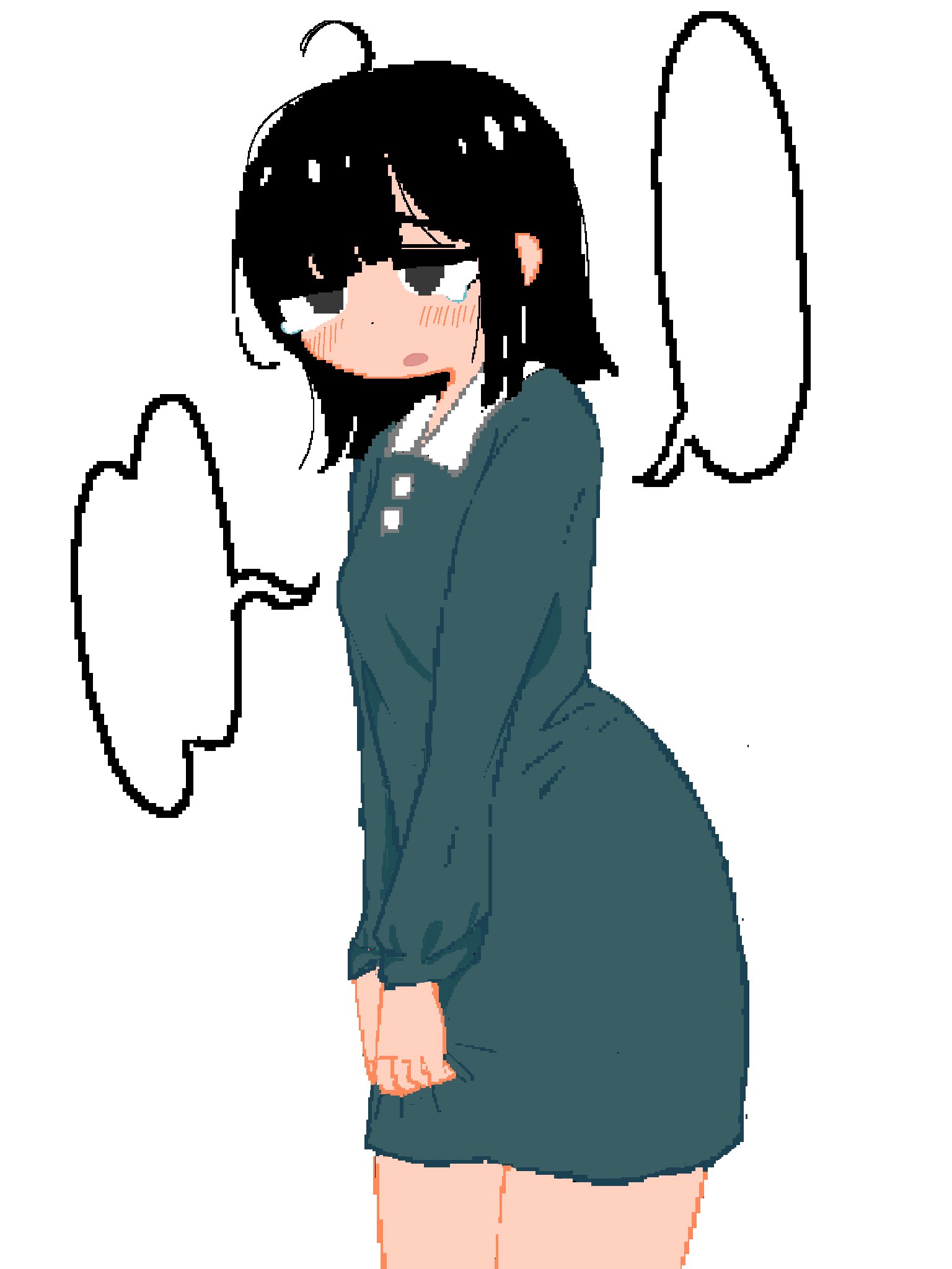 original, highres, 1girl, ahoge, black eyes, black hair, blush, cowboy shot, dress, green dress girl (warautokui), long sleeves, looking at viewer, no nose, otuychan, simple background, solo, standing, white background