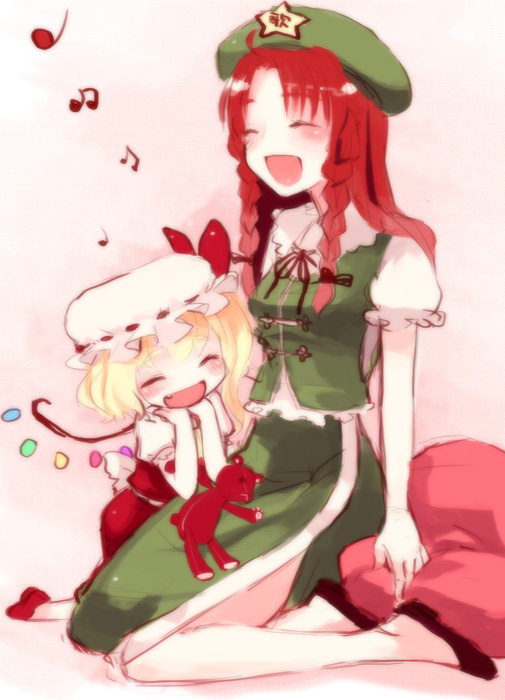 nishiki koi, flandre scarlet, hong meiling, embodiment of scarlet devil, touhou, 2girls, :d, ^ ^, bear, blonde hair, braid, closed eyes, fang, female focus, happy, hat, long hair, multiple girls, musical note, no nose, open mouth, red hair, ribbon, short hair, smile, stuffed animal, stuffed toy, teddy bear, twin braids, wings