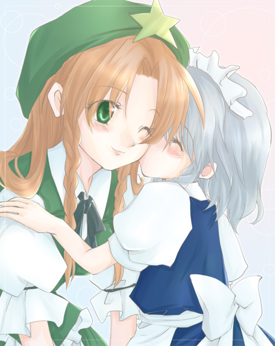 saya (chocolate capsule), hong meiling, izayoi sakuya, embodiment of scarlet devil, touhou, silver hair, bad id, bad pixiv id, 2girls, age difference, aged down, child, female focus, green eyes, hairband, hat, kiss, long hair, multiple girls, onee-loli, red hair, short hair, yuri