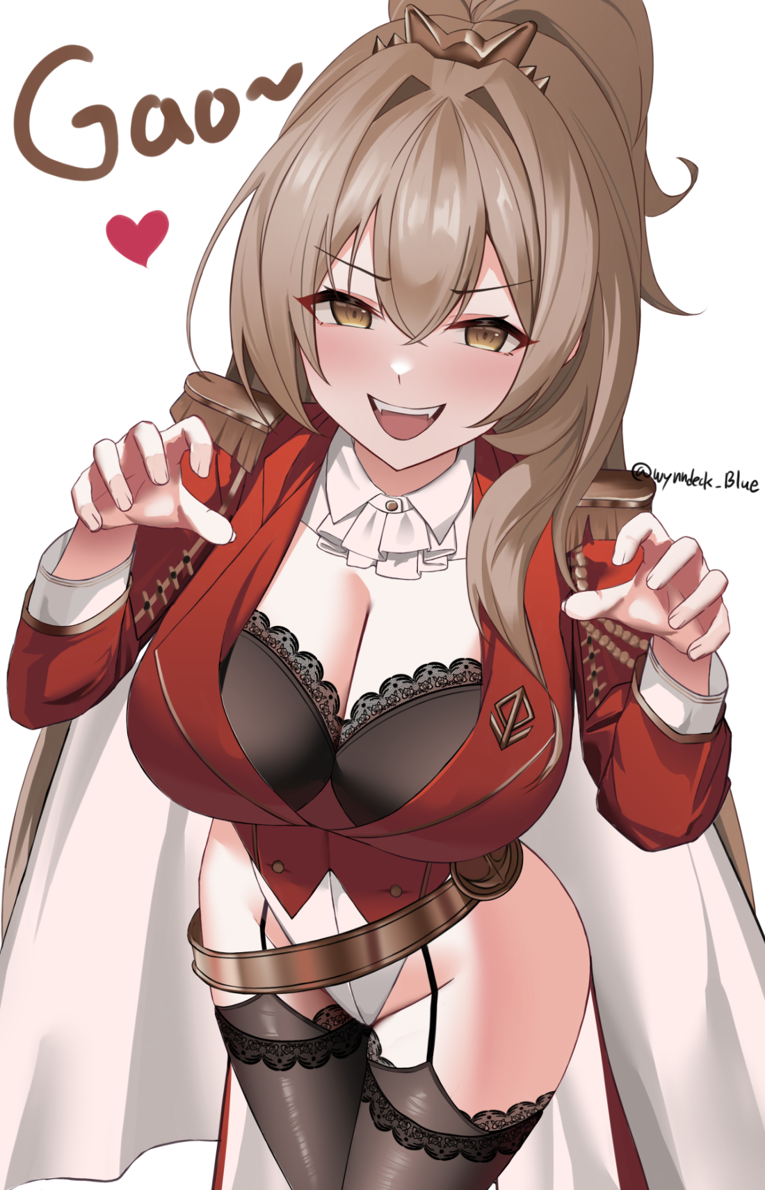 wynnblue, lion (azur lane), azur lane, commentary, highres, revision, 1girl, artist name, ascot, belt, black bra, black thighhighs, blush, bra, breasts, brown hair, buttons, cape, center opening, claw pose, cleavage, crossed bangs, epaulettes, fangs, gao, garter belt, hair between eyes, hair intakes, hands up, heart, highleg, jacket, lace, lace-trimmed bra, lace trim, large breasts, long hair, long sleeves, looking at viewer, loose belt, open mouth, red cape, red jacket, sidelocks, simple background, smile, solo, standing, thigh strap, thighhighs, two-sided cape, two-sided fabric, underwear, very long hair, white ascot, white background, yellow eyes