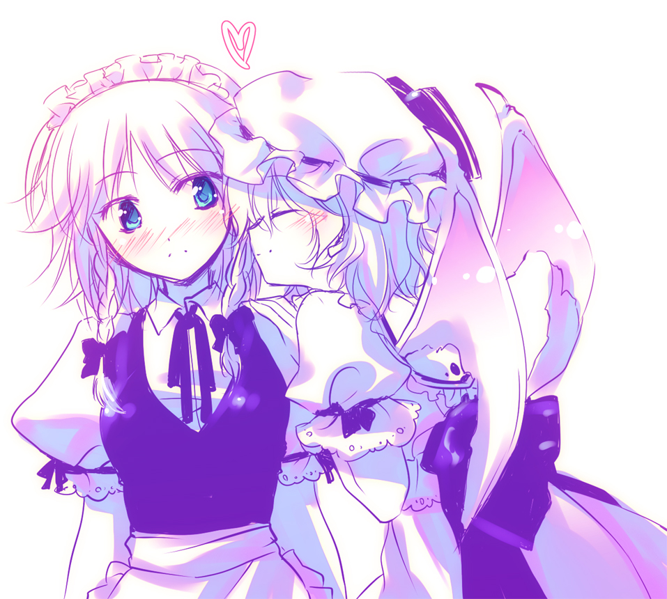 motomiya mitsuki, izayoi sakuya, remilia scarlet, touhou, 2girls, bat wings, blue eyes, blush, braid, female focus, heart, maid, multiple girls, ribbon, twin braids, wings