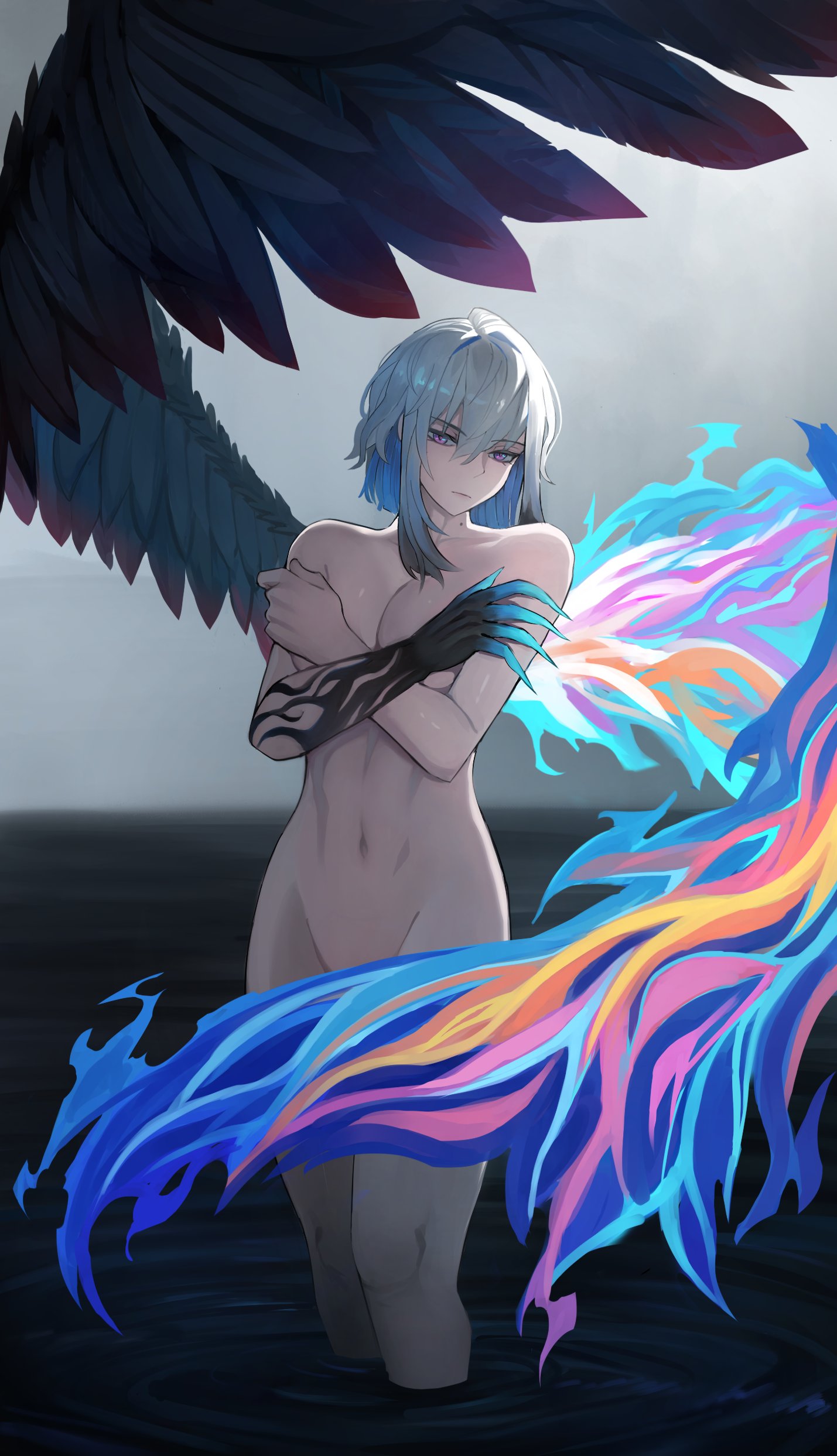 jourd4n, galbrena (wuthering waves), wuthering waves, absurdres, highres, 1girl, blue hair, breasts, closed mouth, convenient censoring, covering breasts, covering privates, feathered wings, gradient hair, grey hair, groin, hair between eyes, hands up, large breasts, looking at viewer, medium hair, mole, mole on neck, multicolored hair, navel, nude, solo, toned, toned female, wading, wing censor, wings